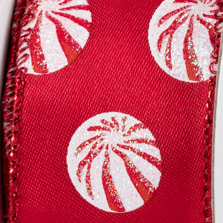 1.5 Inch Glittered Peppermint Ribbon - Red Christmas Decorative Ribbon (10 Yards) for Gift Wrapping, Tree Decorations and Holiday Crafts