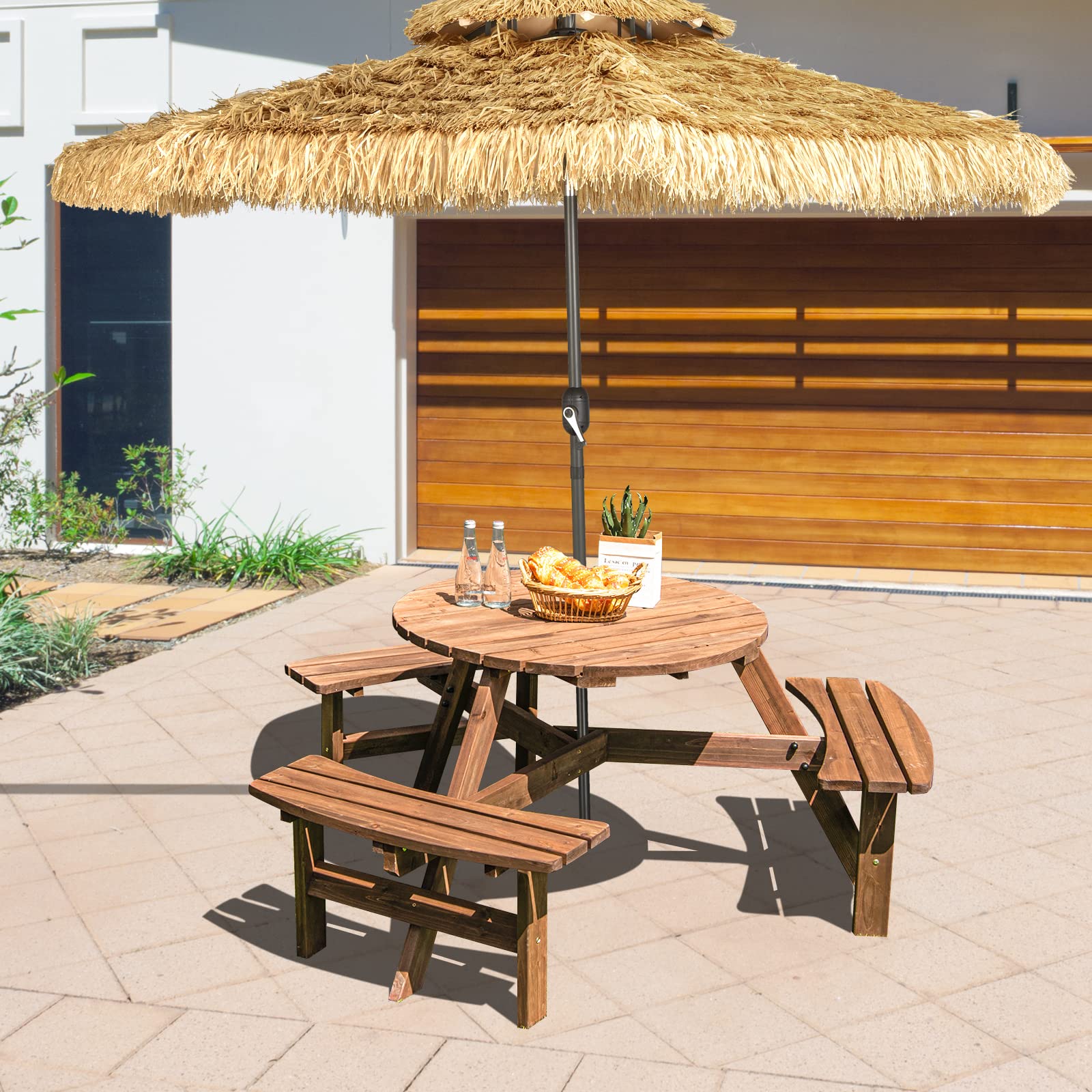 Tangkula 6-Person Outdoor Wooden Picnic Table Set with 3 Built-in Benches & Umbrella Hole - 500lbs Capacity per Bench - Perfect for Garden, Backyard, Patio, Park, and Camping