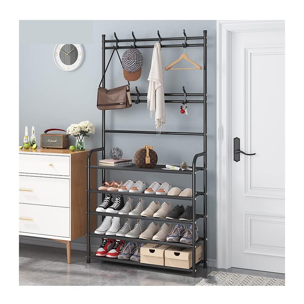Industrial Style 3-in-1 Entryway Coat Rack with 5-Tier Shoe Shelf & 8 Double Hooks - Metal Hall Tree for Dorm, Apartment, Office - Easy to Assemble Space-Saving Storage Solution for Small Spaces