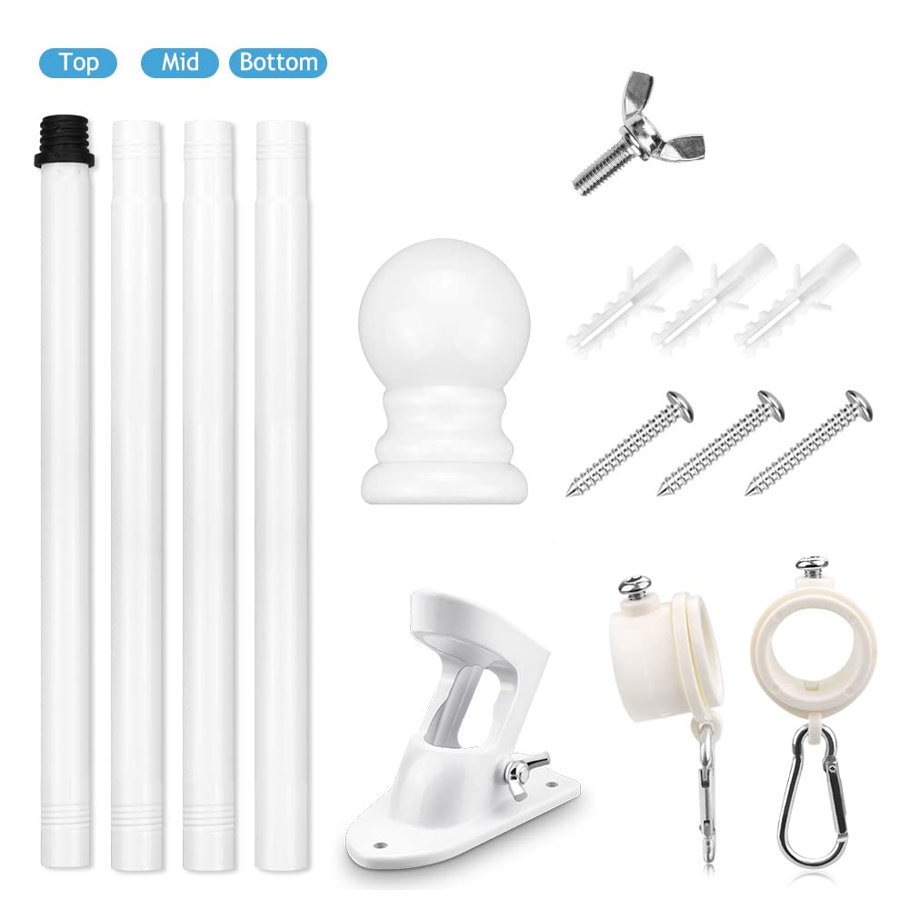 5ft Stainless Steel Wall Mounted Flag Pole Kit with Bracket & Rings - Outdoor Residential/Commercial Flagpole for House, Yard, Garden - Perfect for Patriotic Displays, Sports Events & Business Branding (White)