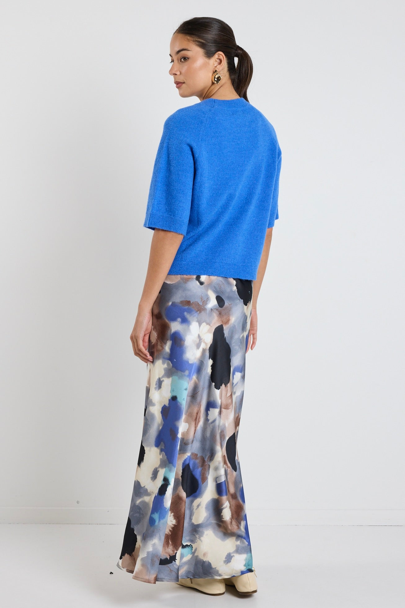 Frantic Navy Multi Watercolor Satin Bias Maxi Skirt - Elegant Flowy Long Skirt for Women, Perfect for Beach, Wedding & Summer Outfits