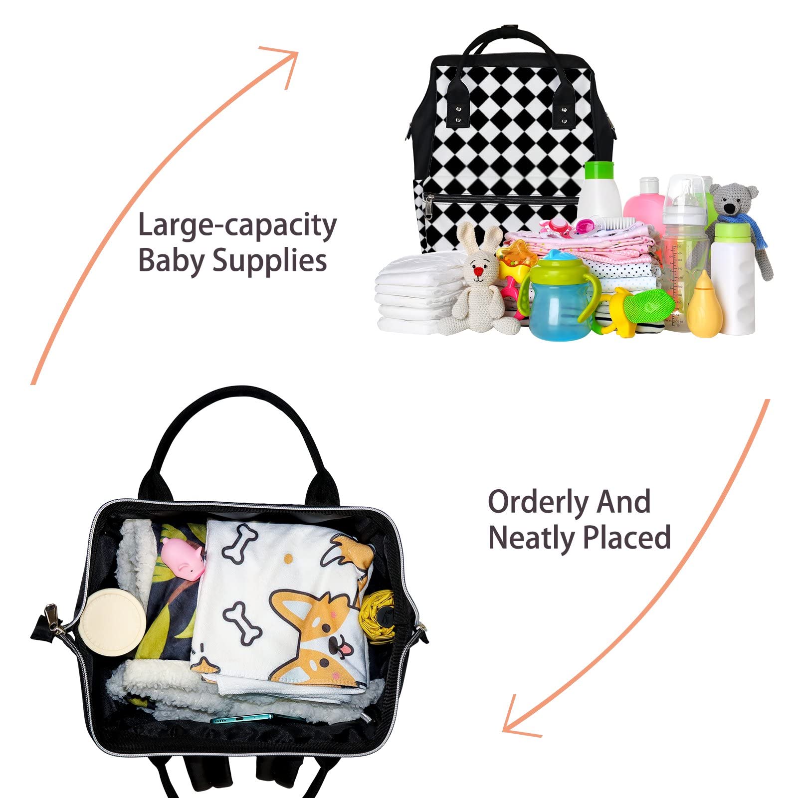 **Retro Black and White Lattice Diaper Backpack – Waterproof Baby Nappy Changing Bag with Large Capacity, Durable & Stylish for Women & Men – Perfect for Travel, Work, and Everyday Use**