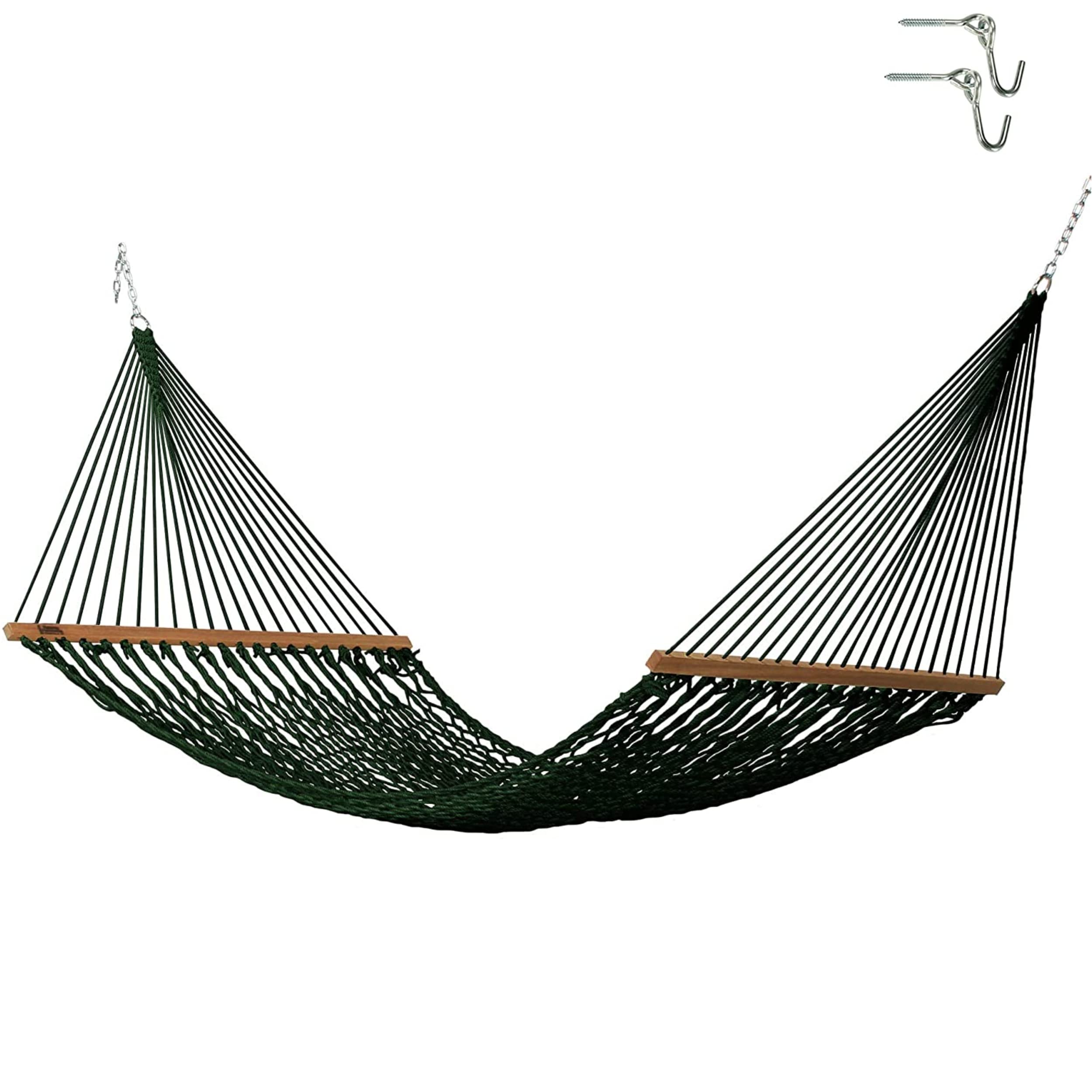 Premium Hatteras DC-13G Large Green Duracord Rope Hammock - 450 LB Capacity, 13ft x 55in - Handcrafted in USA with Free Extension Chains & Tree Hooks - Perfect for Backyards, Camping & Beach Relaxation for 2 People