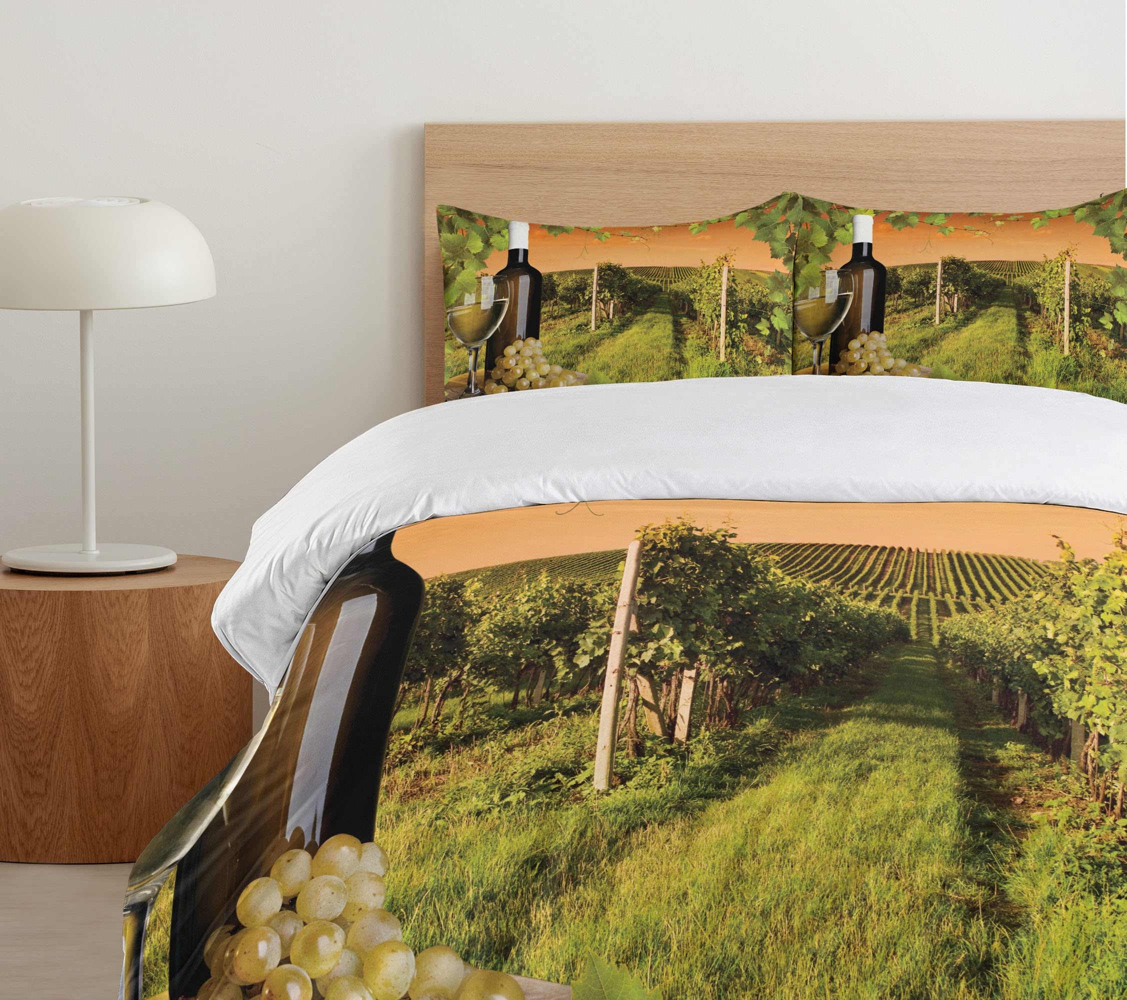 Ambesonne Winery Duvet Cover Set - Wine Bottle & Glass with Sunset Vineyard Countryside Design, Romantic 3-Piece Bedding Set with 2 Pillow Shams, California King Size in Green & Orange - Perfect for Wine Lovers' Bedrooms & Vineyard-Themed Home Decor