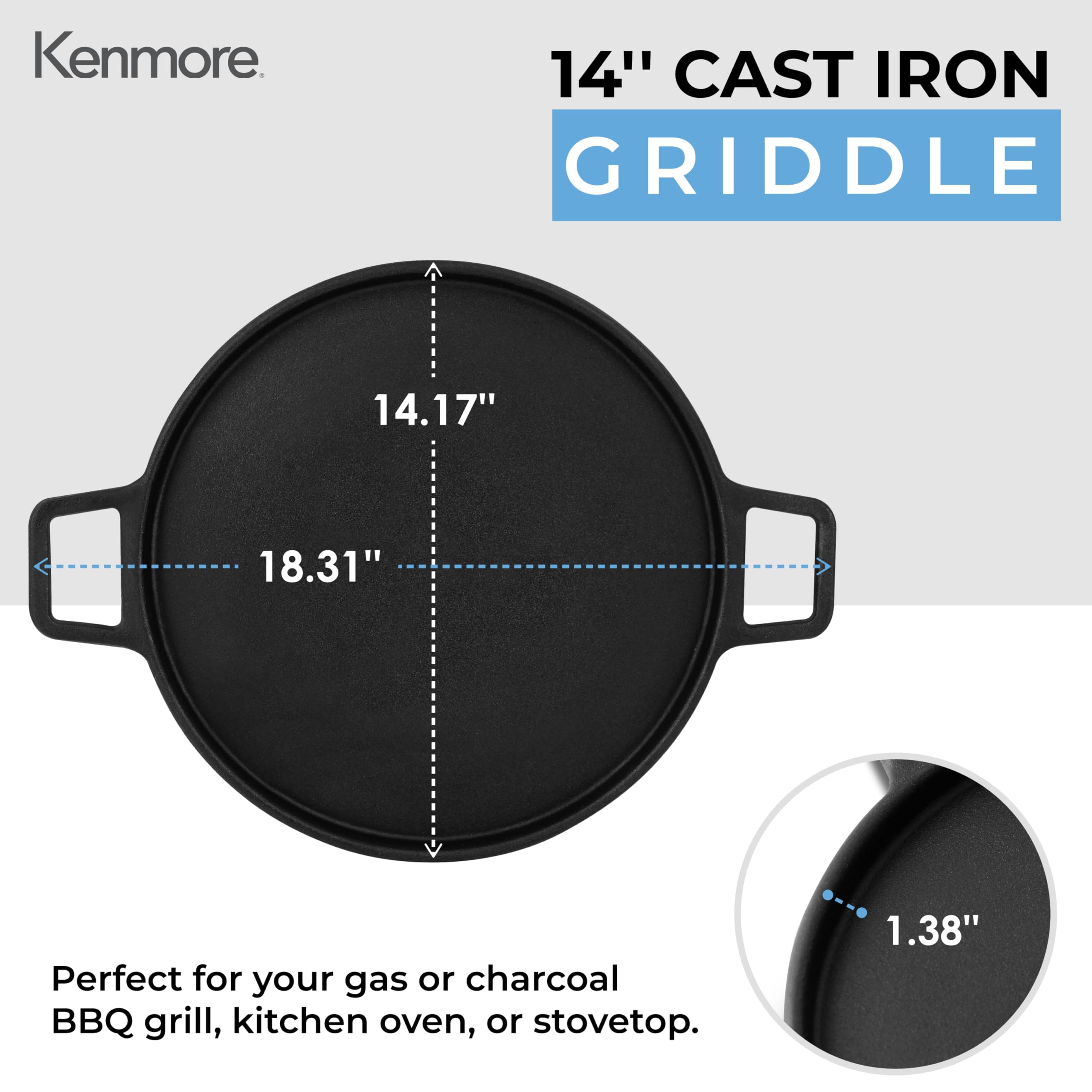 Kenmore Round Cast Iron Pizza Pan with Handles - Versatile Griddle for Crepes, Frozen Pizza, Tortillas & Baking - Stove, Oven, Grill & BBQ Safe - Perfect for Camping, Outdoor Cooking & Home Kitchen Use
