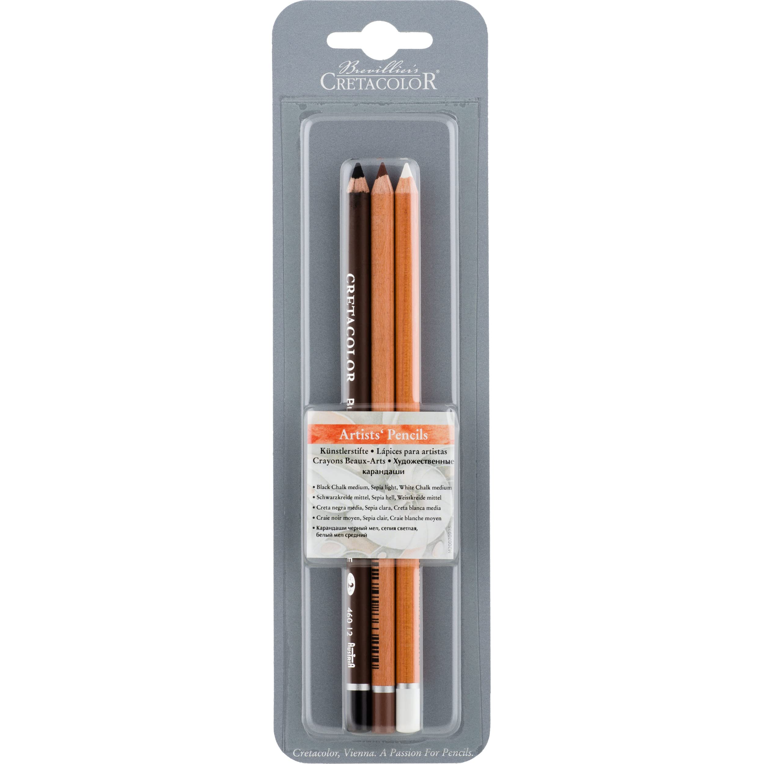 CRETACOLOR Professional Artists Drawing Pencils Set - 3 Pack (Black Chalk, Sepia Dry, White Chalk) for Sketching, Shading & Highlighting | Perfect for Beginners & Professionals | Ideal for Portraits, Landscapes & Still Life Drawings