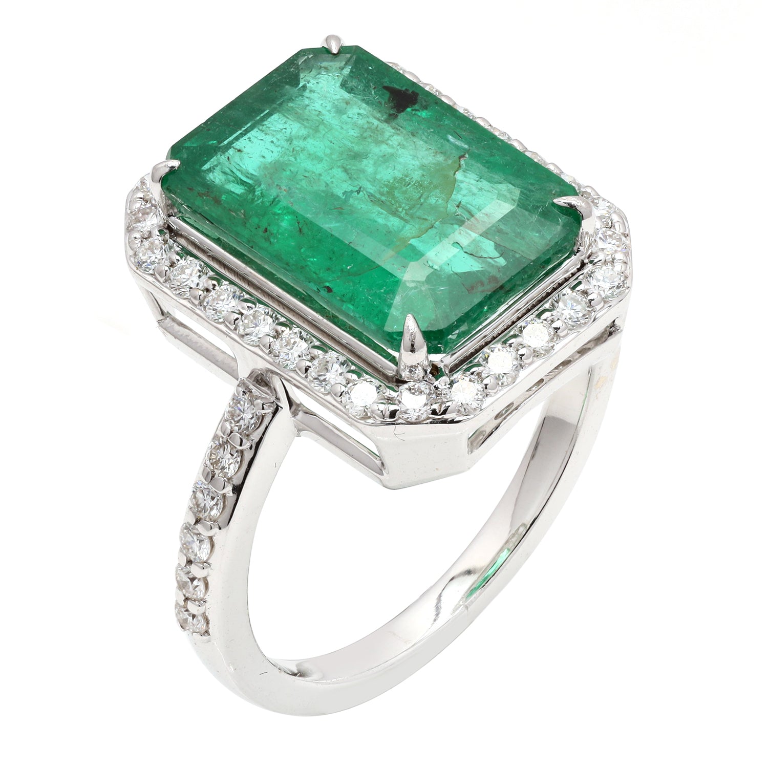 18K White Gold Solitaire Ring with Emerald Cut Gemstone and Pave Diamond Accents - Perfect for Engagement, Wedding, Anniversary & Special Occasions