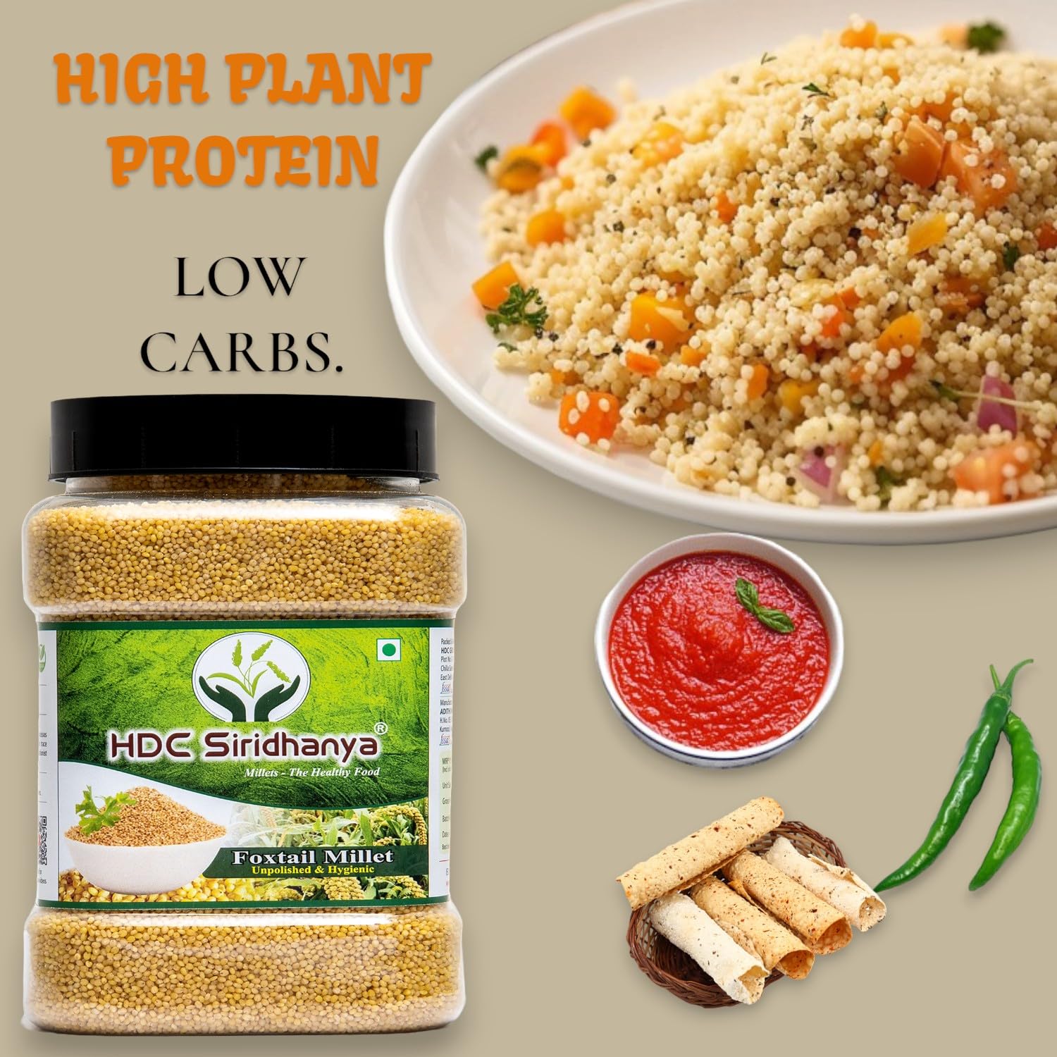 Organic Siridhanya Unpolished Millets - 5-Pack (Little, Foxtail, Kodo, Brown Top & Barnyard) 900g Each in Glass Jars | Healthy Gluten-Free Grain Alternative for Baking, Porridge & Vegan Recipes