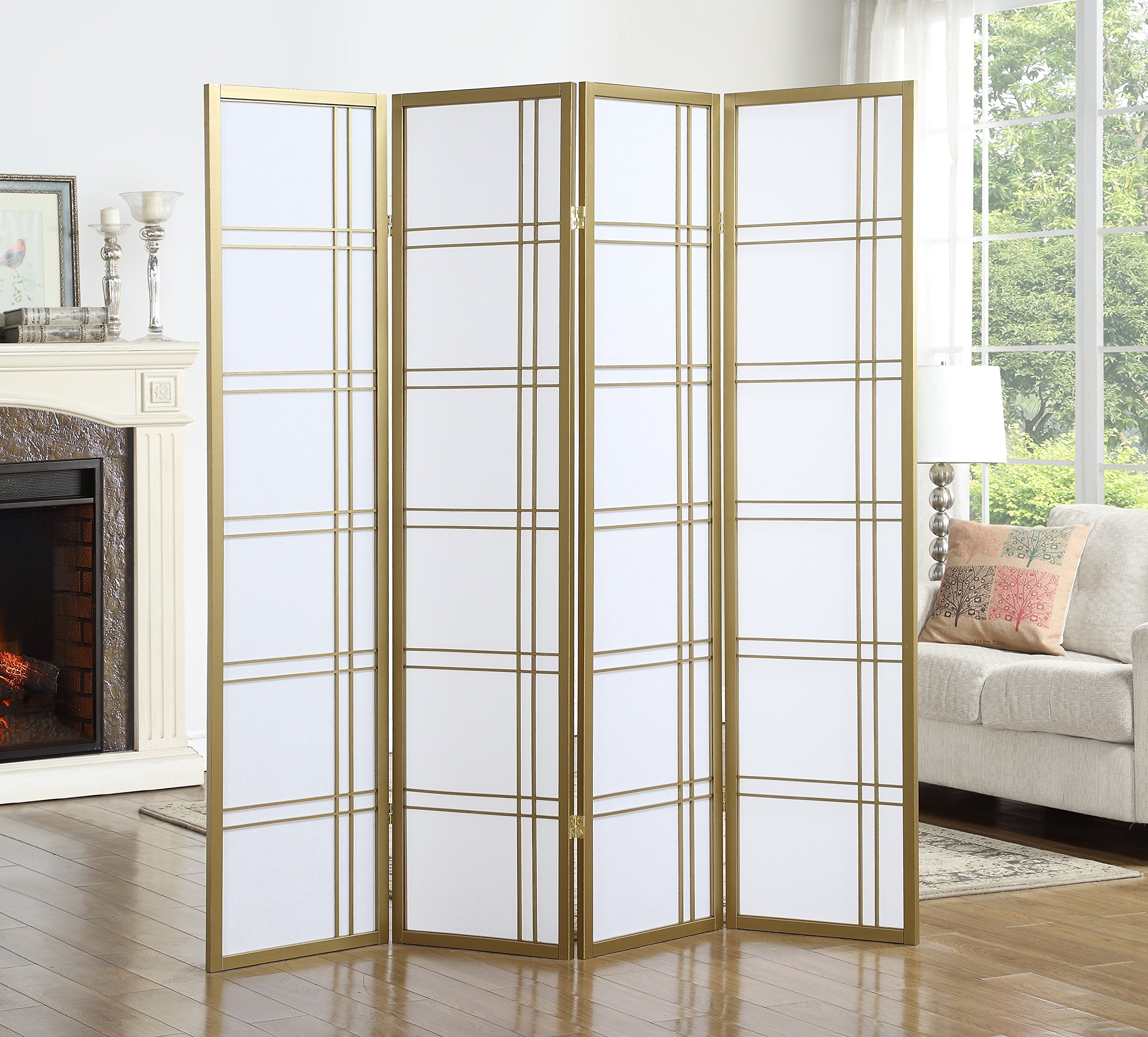 Roundhill Furniture Seto 4-Panel Golden Room Divider Screen - Elegant Folding Privacy Partition for Living Room, Bedroom, Office & Studio Decor