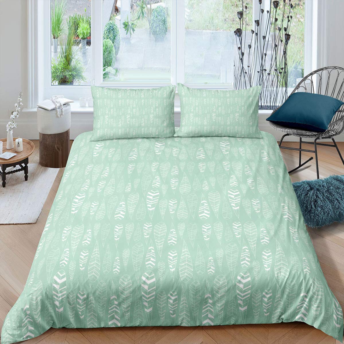 King Size Teal Banana Leaf Duvet Cover Set - Tropical Palm Leaves Bedding for Teens & Kids, Zipper Closure & Ties, Fresh Natural Style - Perfect for Boys, Girls, Beach & Boho Bedroom Decor