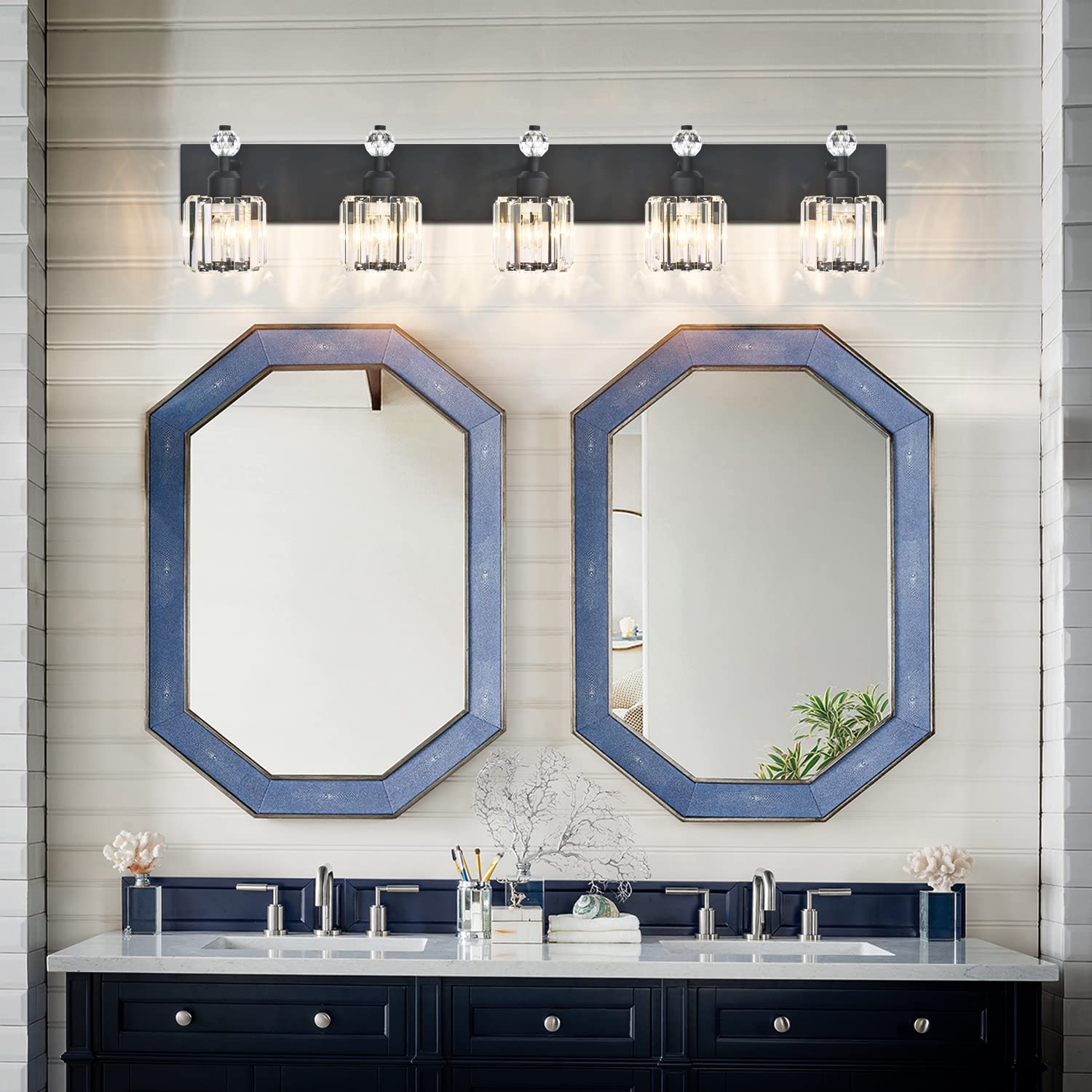 Modern Black Crystal Bathroom Vanity Light Fixture - 5-Light Wall Sconce for Mirror Lighting, Elegant Bathroom Decor (Perfect for Master Bath, Powder Room, and Spa-Style Vanity Areas)