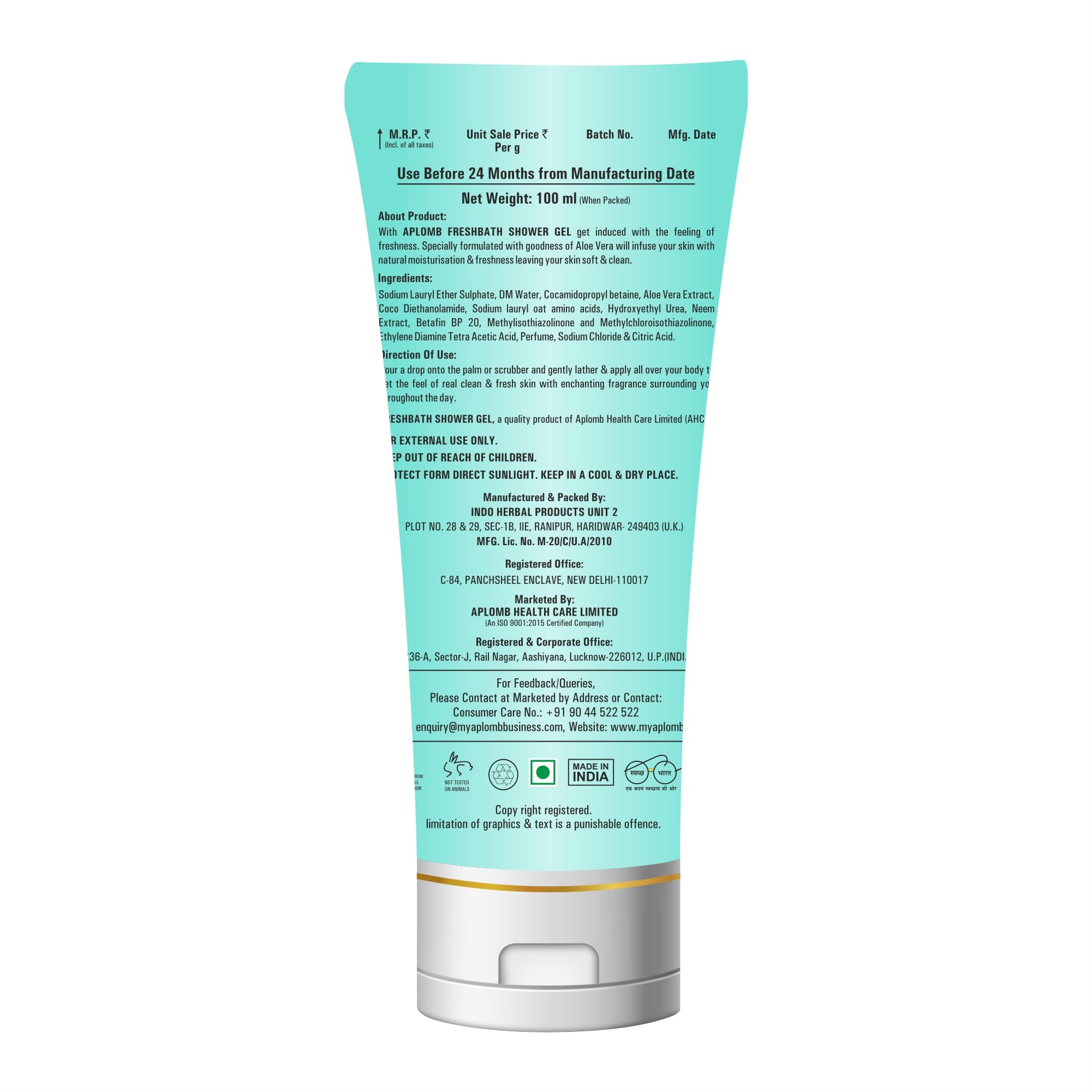 APLOMB Refreshing Bath & Shower Gel with Aloe Vera & Neem Extract - Hydrating & Moisturizing Body Wash for Dry Skin - Exfoliates Dead Skin Cells for Smoother, Brighter Complexion - 100ml Travel Size for Gym, Spa & Daily Shower Routine