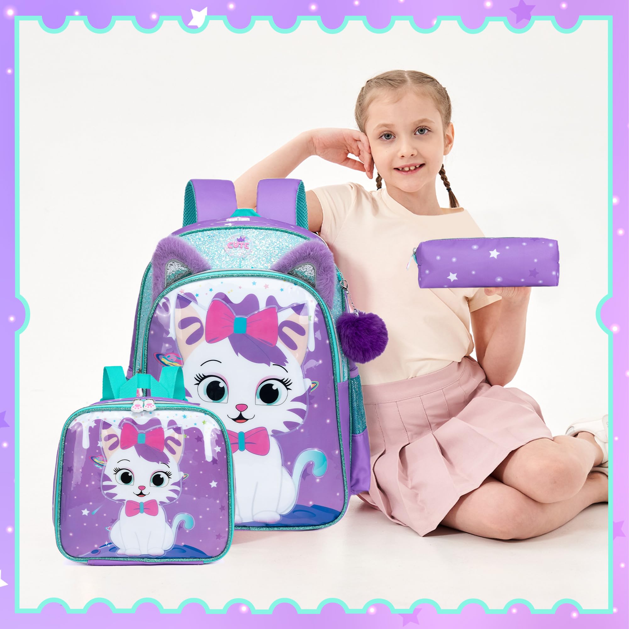 Cute Cat Backpack for Girls - Lightweight School Backpack with Lunch Box Compartment | Durable Kids Bookbag for Elementary, Middle School & Travel | Perfect for School Supplies, Day Trips & Outdoor Adventures