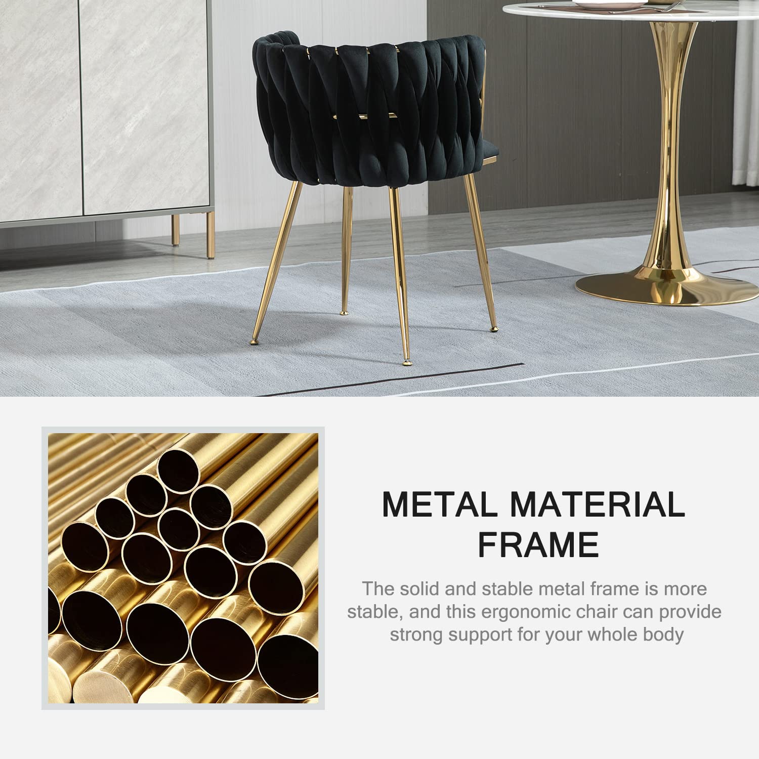 Nrizc Set of 2 Modern Velvet Upholstered Dining Chairs with Gold Metal Legs - Elegant Woven Accent Chairs for Living Room, Kitchen & Dining Room (Black) - Perfect for Home Decor, Dinner Parties & Cozy Gatherings