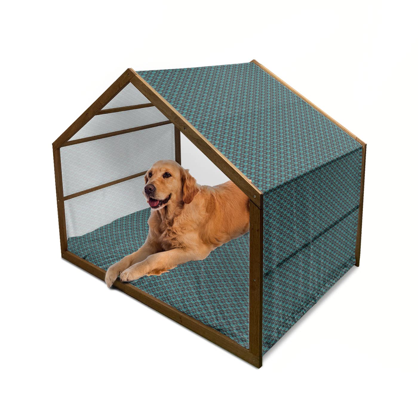 Ambesonne Geometric Wooden Dog House - Vintage Japanese Print Indoor/Outdoor Portable Pet Kennel with Pillow Cover - XL Jade Green & Charcoal Grey for Small to Medium Dogs - Perfect for Backyard, Patio & Travel Use