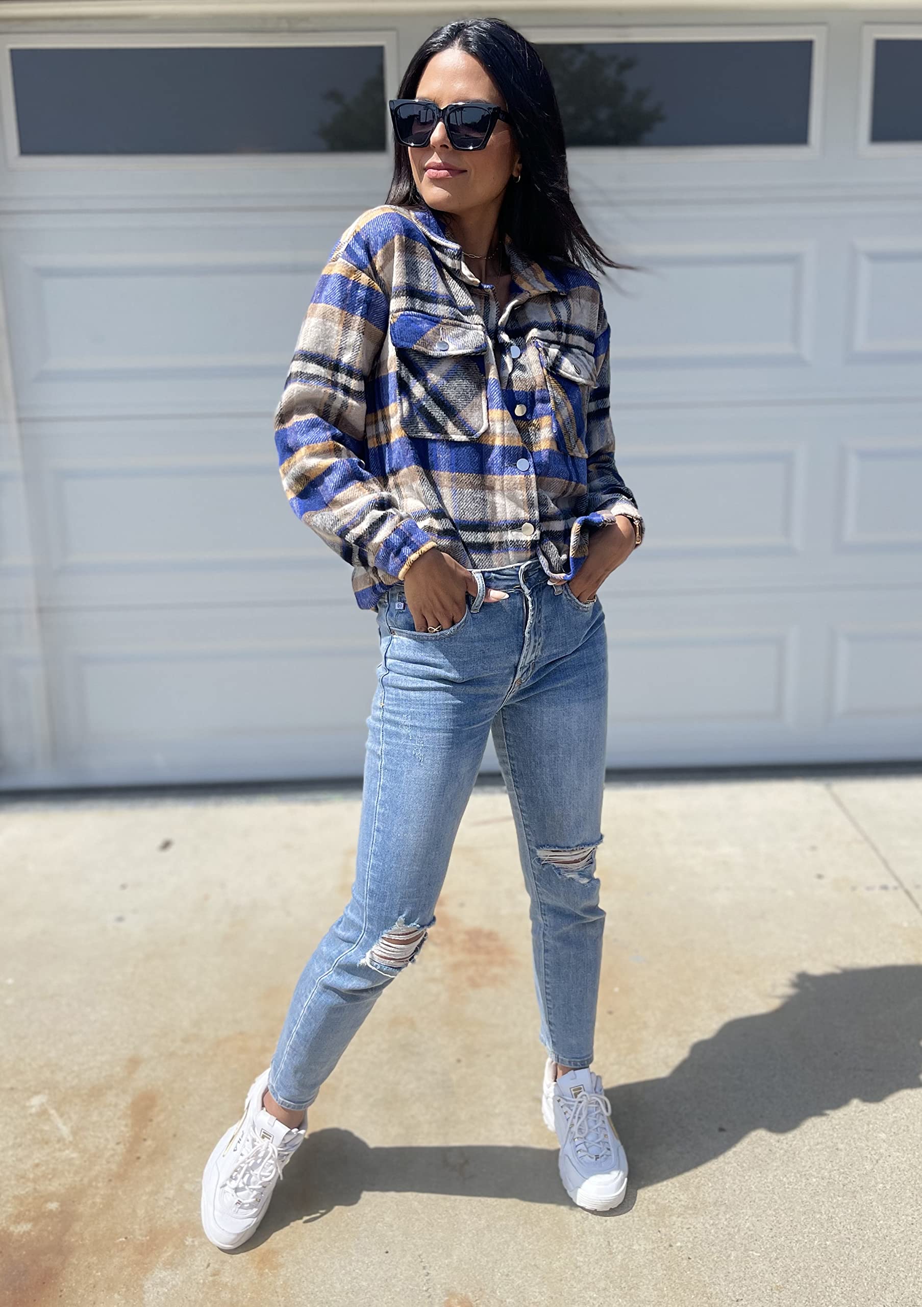 BTFBM Women's Plaid Flannel Shacket - Long Sleeve Button Down Casual Shirt Jacket for Fall & Spring | Loose Fit Blouse Top for Outdoor Activities, Work & Weekend Wear (2025 Fashion)