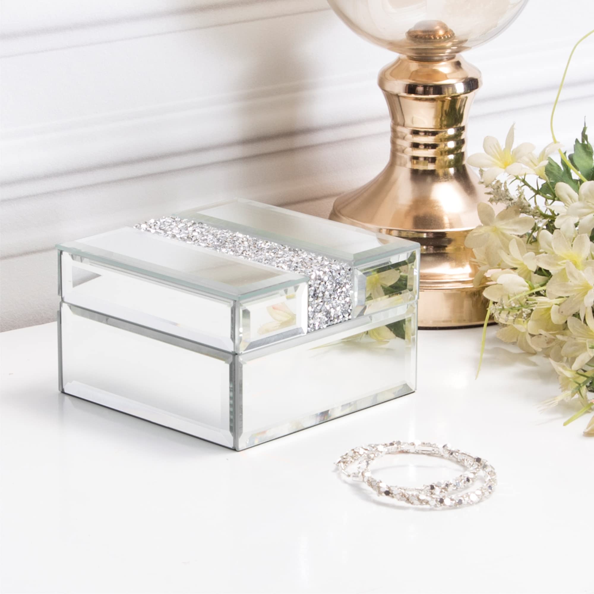 Elegant Small Glass Jewelry Box with Diamante Accents - Decorative Keepsake Storage Organizer for Women & Girls - Perfect for Rings, Necklaces & Earrings - Luxurious Gift for Birthdays, Anniversaries & Special Occasions