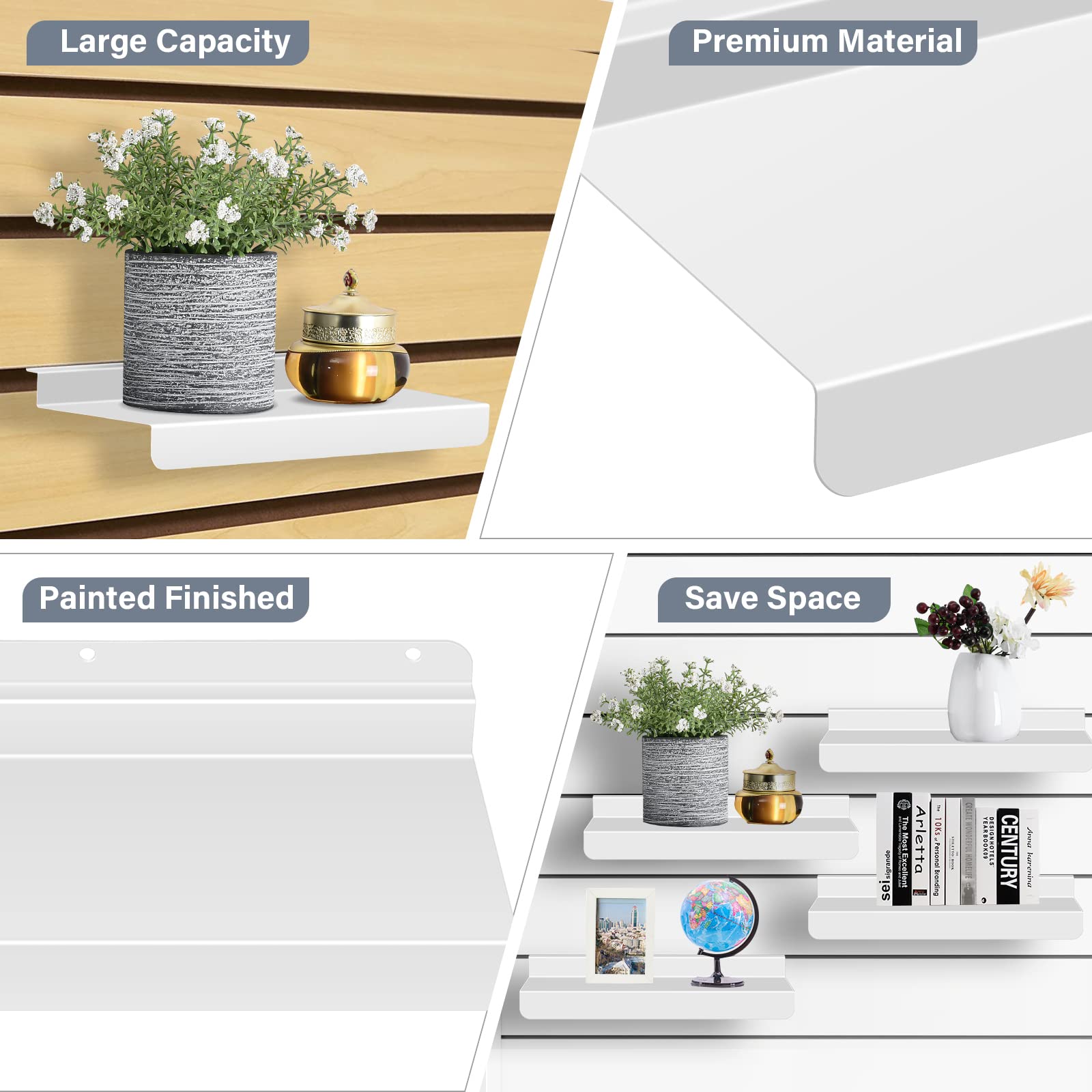 8-Pack White Metal Slatwall Shelves - 4x10 Inch Wall-Mounted Storage Shelves for Retail Display & Home Organization - Modern Tiered Design, Durable Flat Shelves - Perfect for Store Fixtures, Pantry Organization & Garage Storage