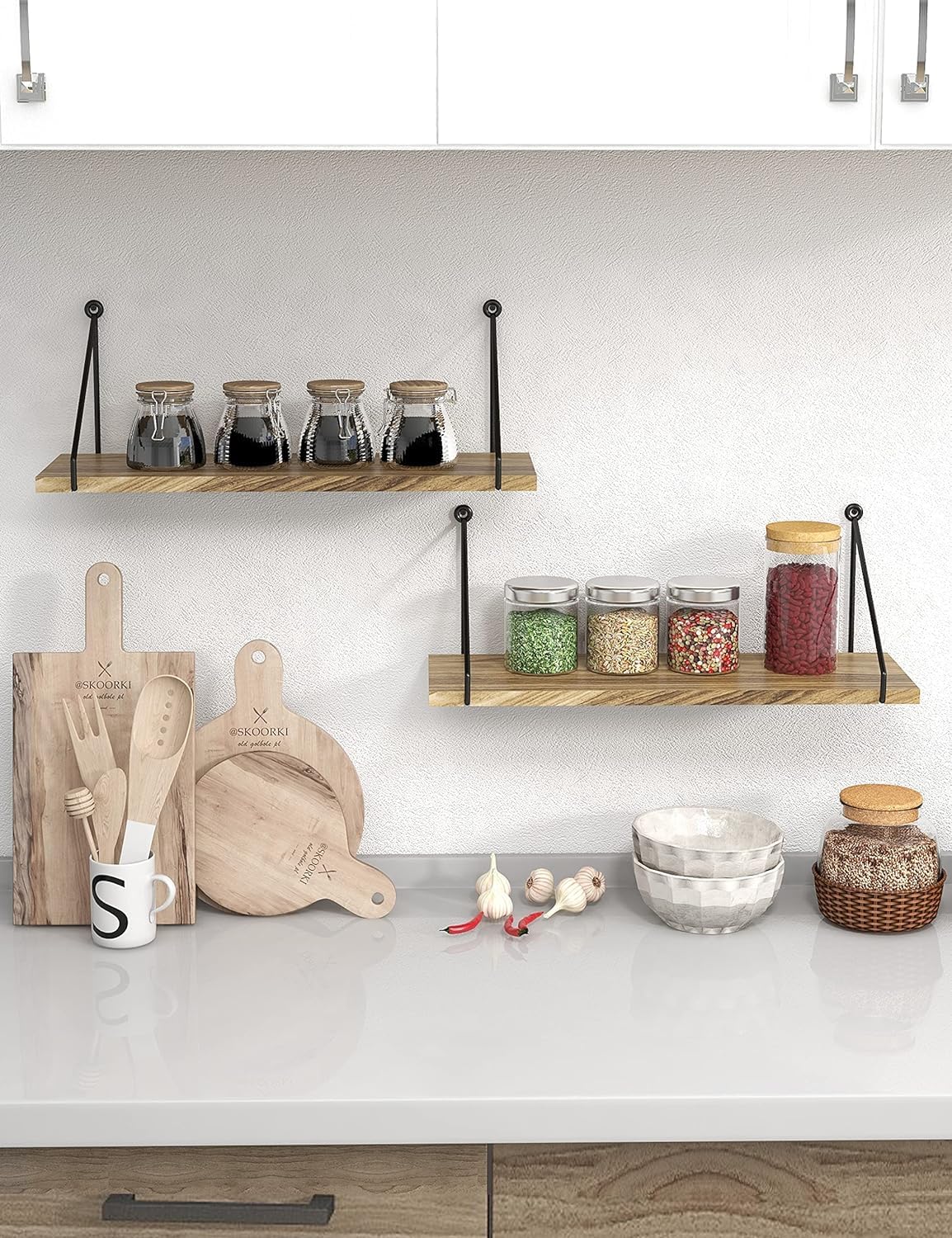 SUMGAR Set of 2 Rustic Floating Wood Shelves - Wall Mounted Storage Shelf for Kitchen, Bathroom, Bedroom, Living Room & Home Office - Decorative Display Organizer for Books, Plants & Home Decor - Easy to Install Hanging Shelves