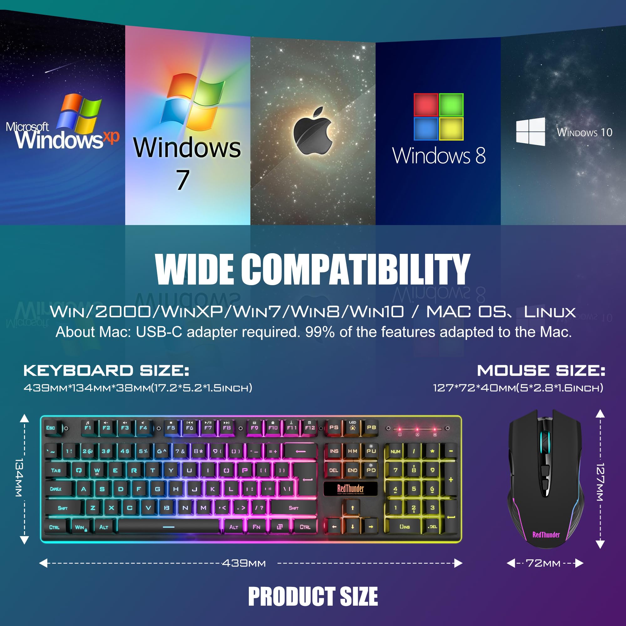 RedThunder K10 Wireless Gaming Keyboard & Mouse Combo - LED Backlit, Rechargeable for PC Gamers - Perfect for Esports & Late-Night Gaming