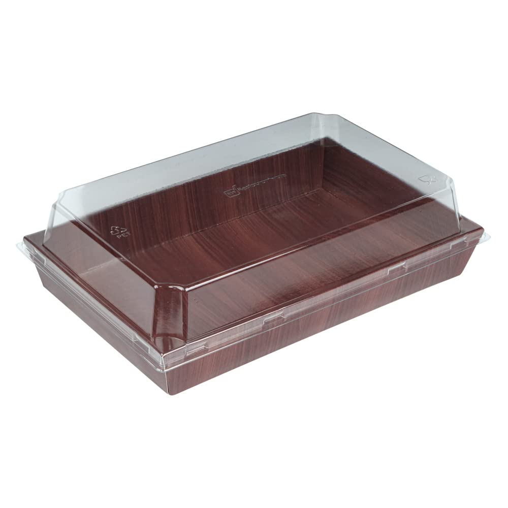 Restaurantware Matsuri Vision 9x6x1.5 Inch Large Disposable Sushi Trays - 100 Greaseproof Wood Grain Paper Sushi Containers for Entrees & Desserts (Lids Sold Separately) | Perfect for Japanese Restaurants, Catering, Takeout & Home Sushi Parties