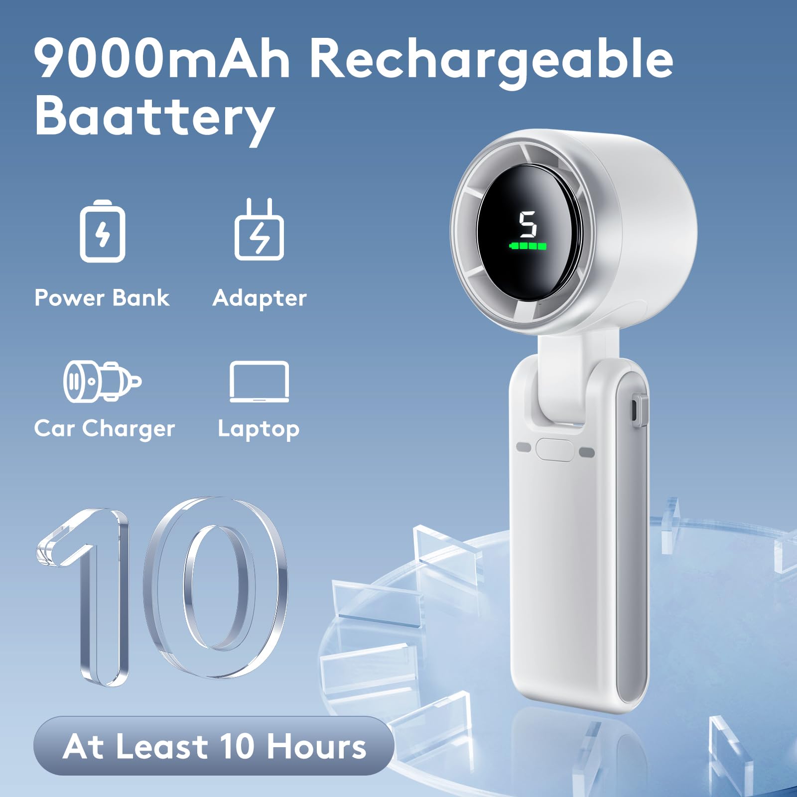 Portable Handheld Mini Fan - Foldable Powerful Turbo Fan with 9000mAh Battery, 50000RPM Speed & 5 Adjustable Levels, USB Rechargeable Personal Fan with Digital Display for Women, Men - Perfect for Travel, Camping, Outdoor Activities, Office & Home Use