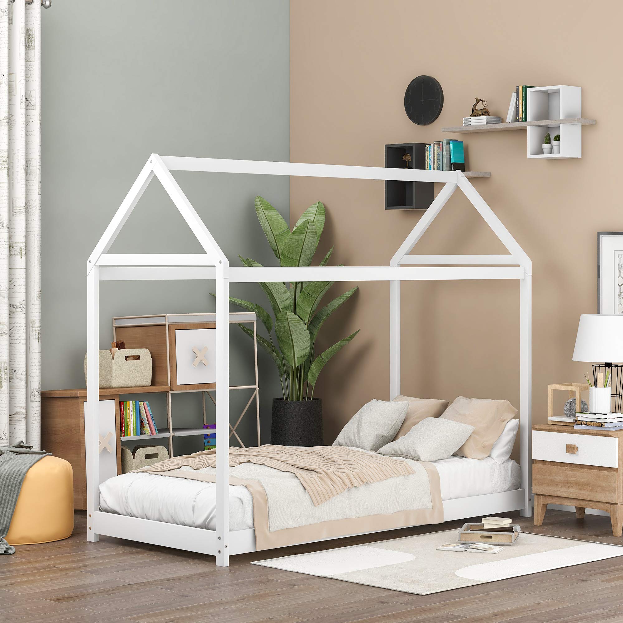 HABITRIO Twin Wood House Bed Frame - Easy Assembly House-Shaped Design for Teens & Kids - Perfect for Bedroom, Living Room, or Dormitory - White Wooden Floor Bed for Cozy Sleep & Play Space
