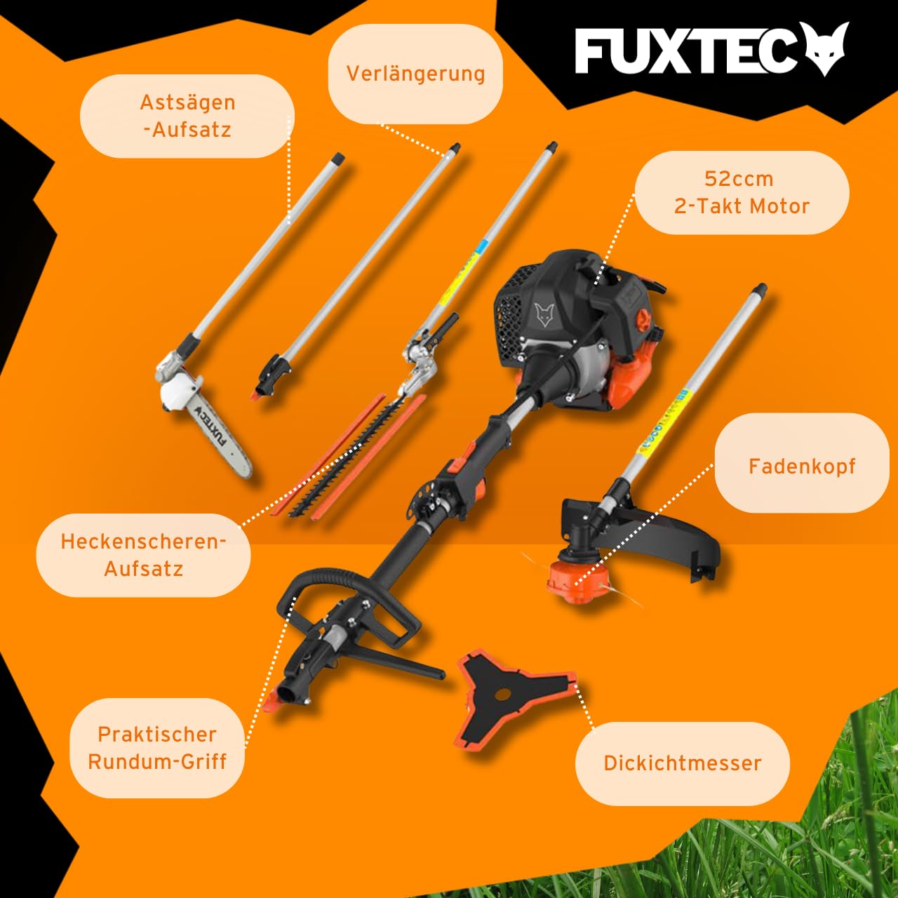FUXTEC FX-MT252ER 5-in-1 Multi-Tool Gasoline Brush Cutter - 52cc 3HP 2-Stroke Engine with Adjustable Hedge Trimmer, Grass Trimmer, Shoulder Strap & 1m Extension - Perfect for Lawn Care, Landscaping, Yard Maintenance and Property Clearing
