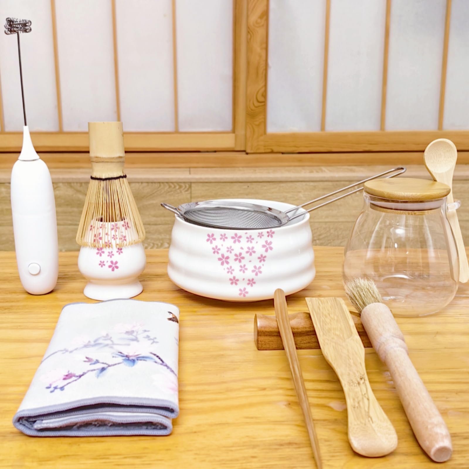 Premium 11-Piece Matcha Tea Set - Bamboo Whisk, Electric Frother, Ceramic Bowl & Sifter - Complete Matcha Kit with Stand, Towel & Storage Jar - Perfect for Japanese Tea Ceremony, Home Brewing & Gifts (Cherry Blossom Design)