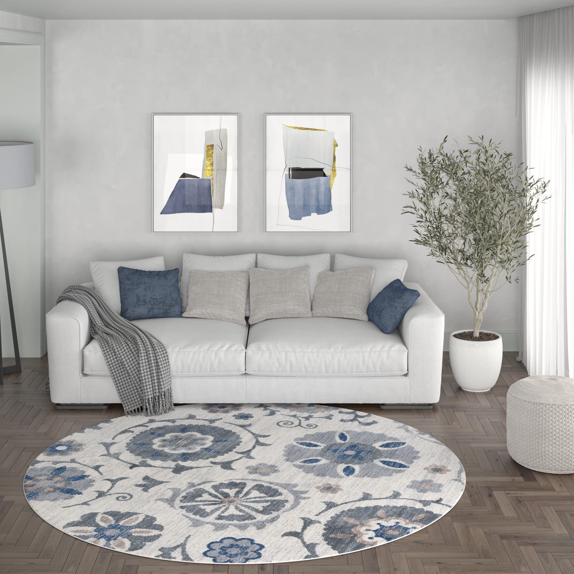 Tayse Cream Modern 6ft Round Area Rug - Soft Contemporary Carpet for Living Room, Bedroom, Dining Room & Kitchen - Non-Slip Indoor Floor Mat Perfect for Entryway, Hallway or Office Decor