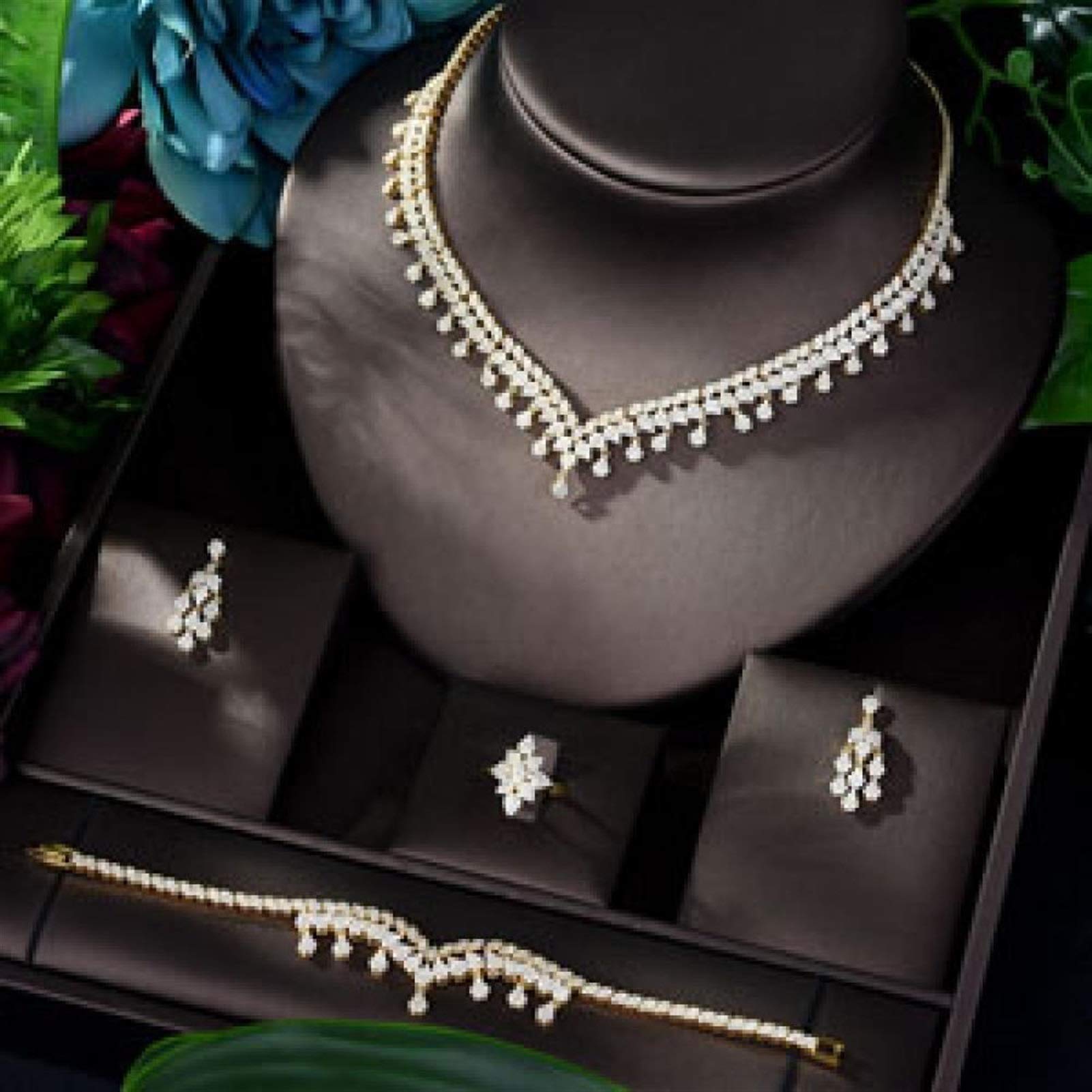 Luxury 4-Piece CZ Jewelry Set for Women - Necklace, Earrings, Ring & Bracelet in Gold - Perfect for Weddings, Parties & Special Occasions