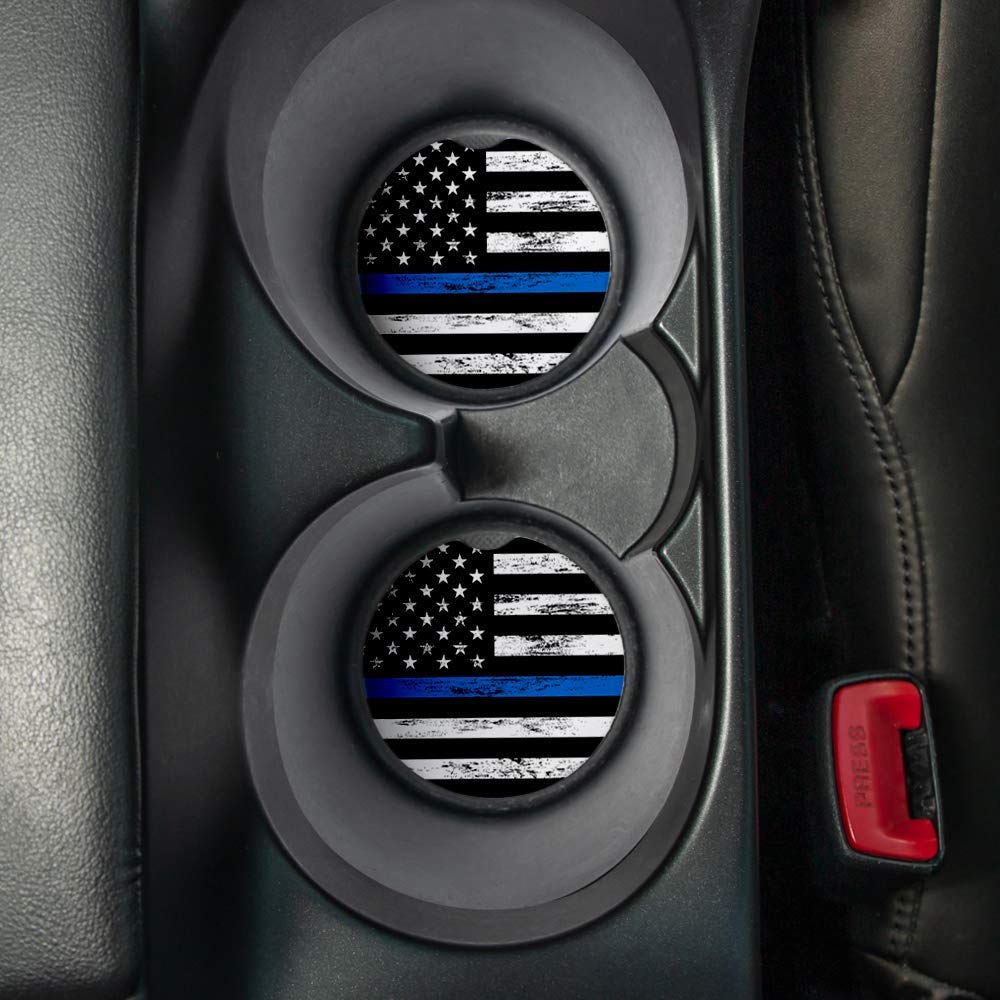 Thin Blue Line Car Coasters Set of 2 - Absorbent Drink Coasters with Non-Slip Rubber Backing (2.56 Inch) - Perfect Car Accessories for Coffee, Soda & Water Bottles - Ideal for Road Trips, Commuting & Daily Driving