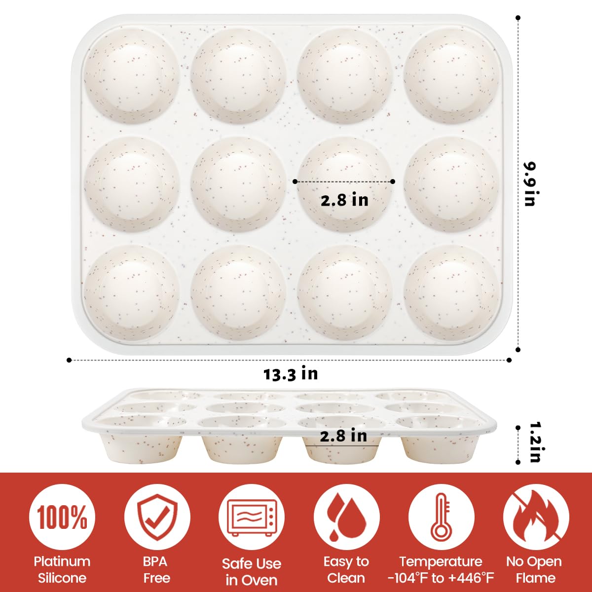 Nonstick 12-Cup Silicone Muffin Pan with Metal Reinforced Frame - Easy to Clean & Move - Perfect for Baking Cupcakes, Muffins & Desserts - Ideal for Home Kitchens & Professional Bakeries (Set of 2)