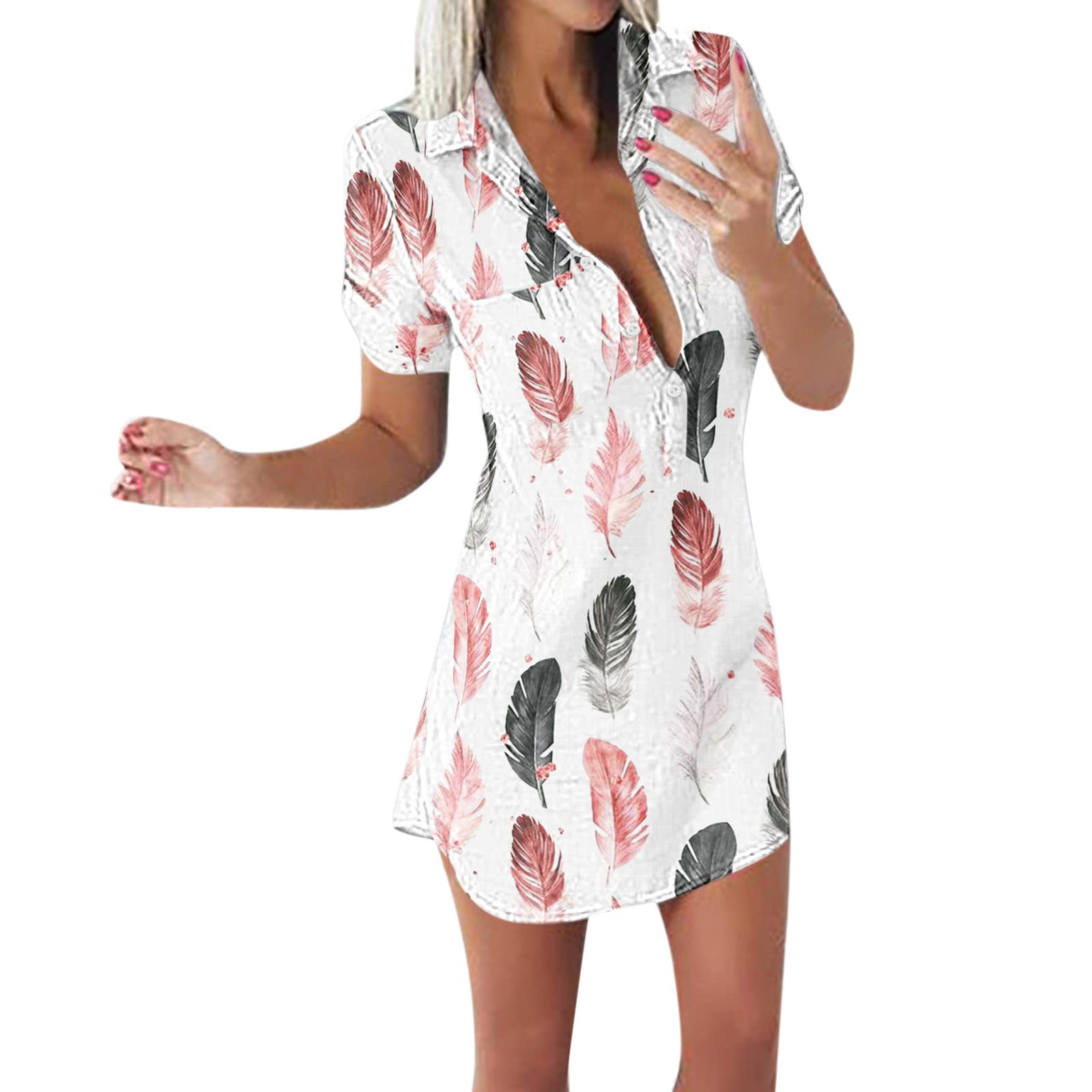 Women's Casual Short Sleeve Button Down Blouse Dress - Spread Collar Mini Shirt Sundress for Plus Size | Perfect for Summer Outings, Beach Vacations & Office Wear