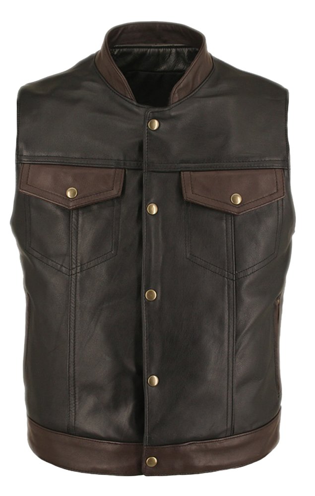 Men's Sexy Real Black & Brown Cow Leather Biker Vest Waistcoat - Stylish Motorcycle Jacket for Riding, Parties & Casual Wear