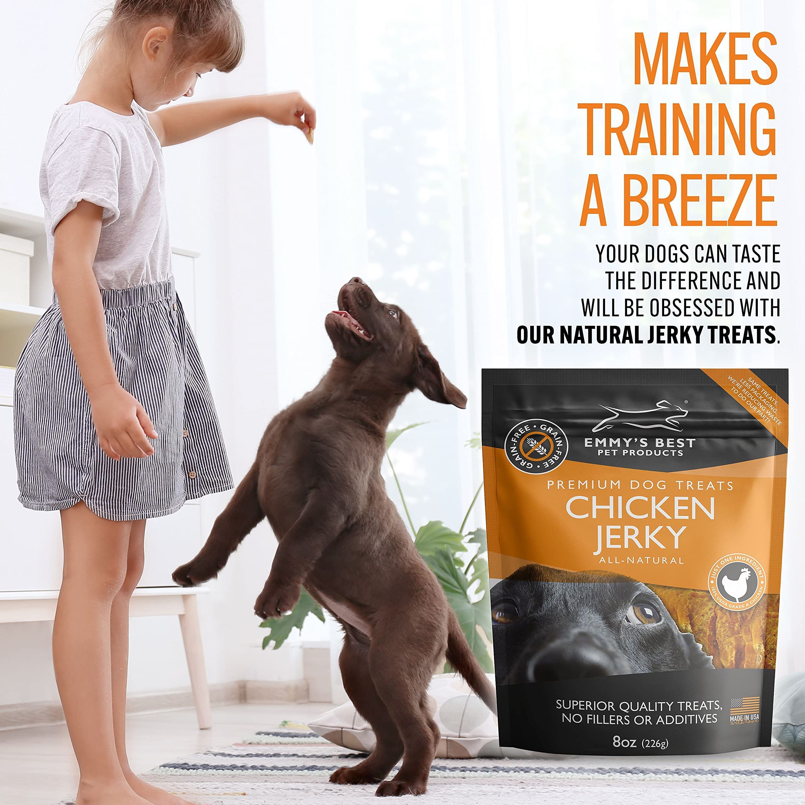 Premium All-Natural Chicken Jerky Dog Treats Made in USA - No Fillers, Additives or Preservatives | Grain-Free, High-Protein Snacks for Training & Rewarding Dogs (Packaging May Vary)