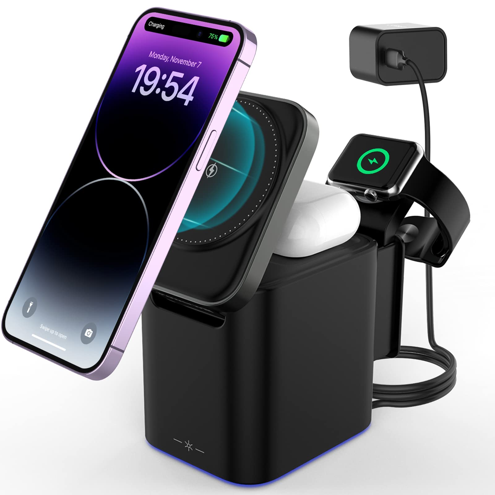 Powerwill 15W Magnetic 3-in-1 Fast Wireless Charging Station - Compatible with iPhone 14/13/12 Series, Apple Watch 8-2 & AirPods Pro/3/2 - Includes 20W PD Adapter - Perfect for Home, Office & Travel Charging