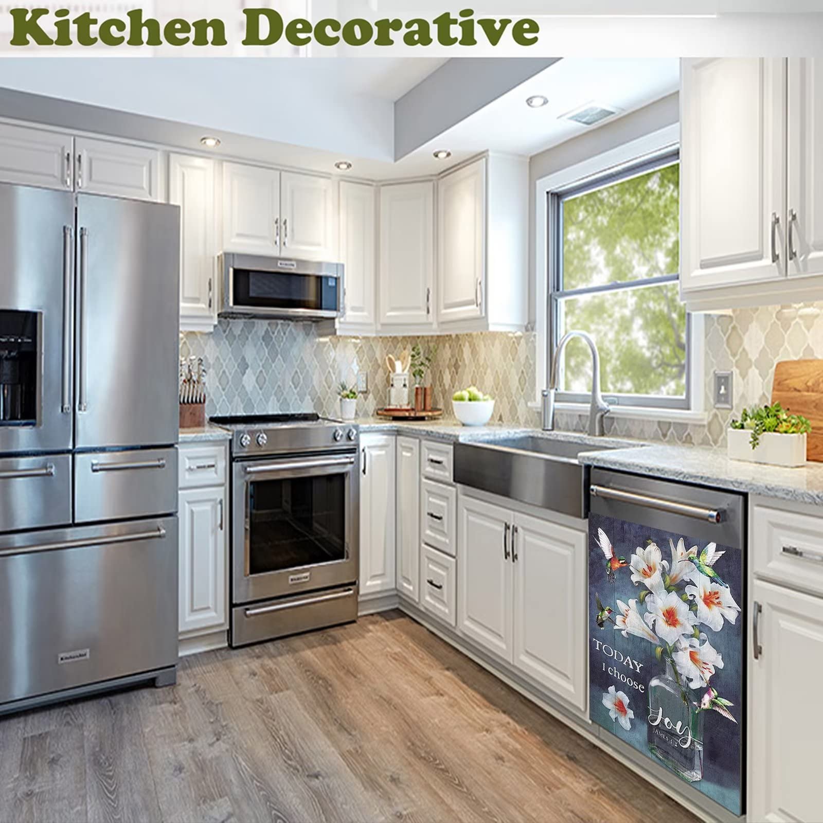 Blooming Lily Flower Dishwasher Cover Magnet - Rustic Wood Front Panel for Dishwasher & Refrigerator - Farmhouse Bird Design Christian Home Decor (23