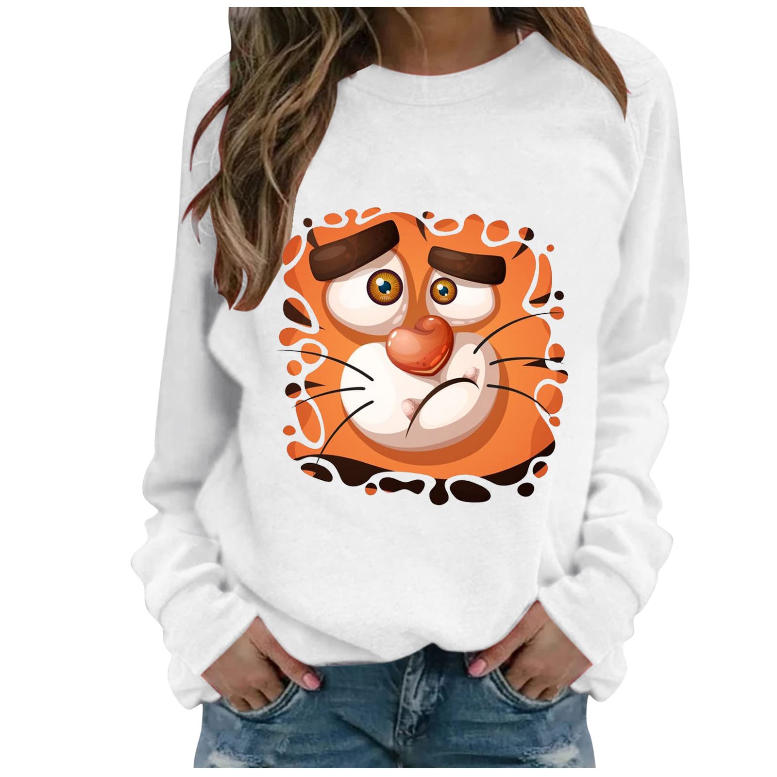 2022 Women's Cute Tiger Printed Long Sleeve Crewneck Sweatshirt - Graphic Pullover Top for Casual Wear & Loungewear | Perfect for Fall Outfits, Street Style & Cozy Home Days