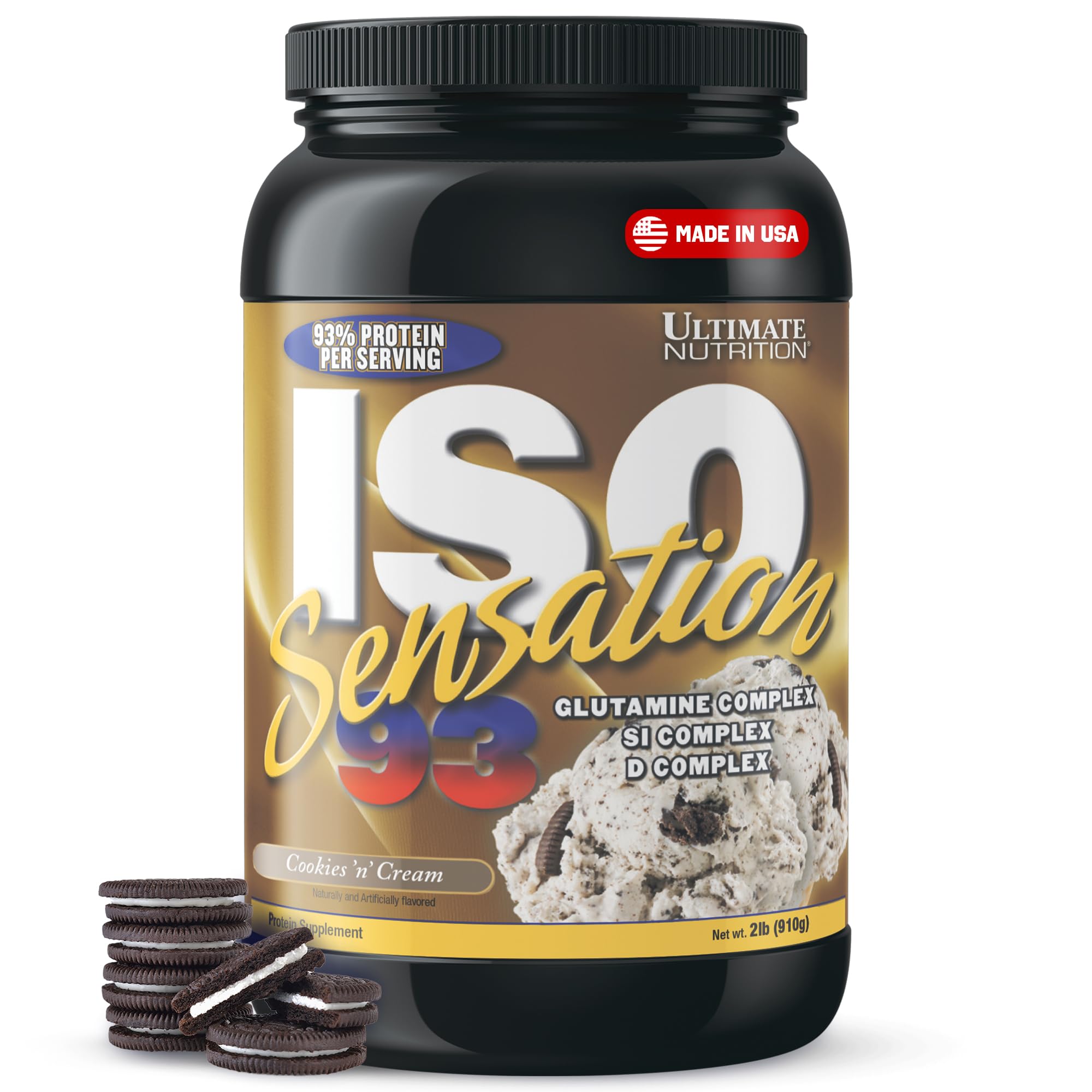 Ultimate Nutrition Whey Protein Isolate Powder with Glutamine Complex - ISO Sensation 93 for Muscle Recovery, Immunity & Gut Health - Cookies N Cream Flavor, 2lbs - Perfect for Post-Workout Shakes & Healthy Lifestyle