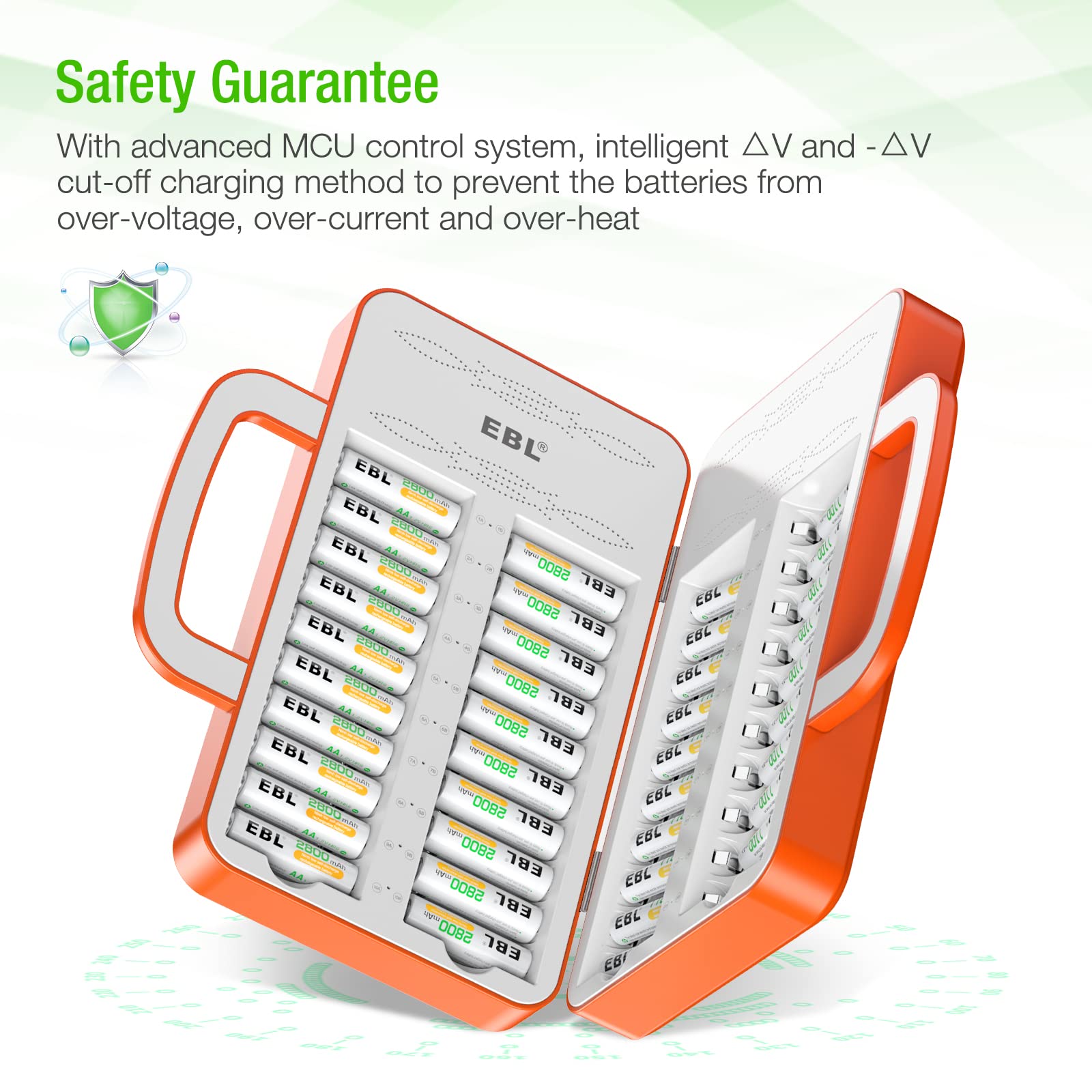 EBL 40-Slot AA AAA Battery Charger for 2/4/6/8/10/12/14/16/18/20/22/24/26/28/30/32/34/36/38/40 Rechargeable Batteries - Fast Multi-Charger with LCD Display & Handle Design (Batteries Not Included) - Perfect for Home, Office, Camera, Toys, and Electronics