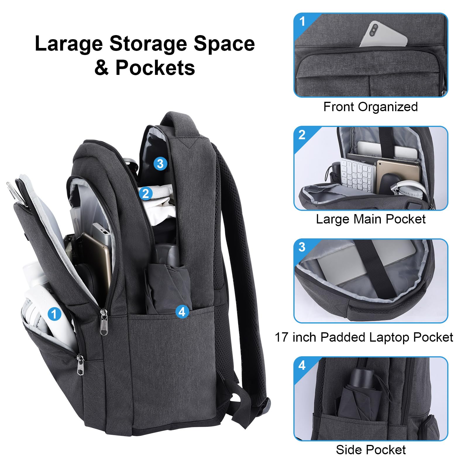 KYME Work Backpack for Men - 17 Inch Large Laptop Backpack with Water Resistant Design, Durable College Book Bag for Travel & Business (Black) - Perfect for Commuting, School & Office Use