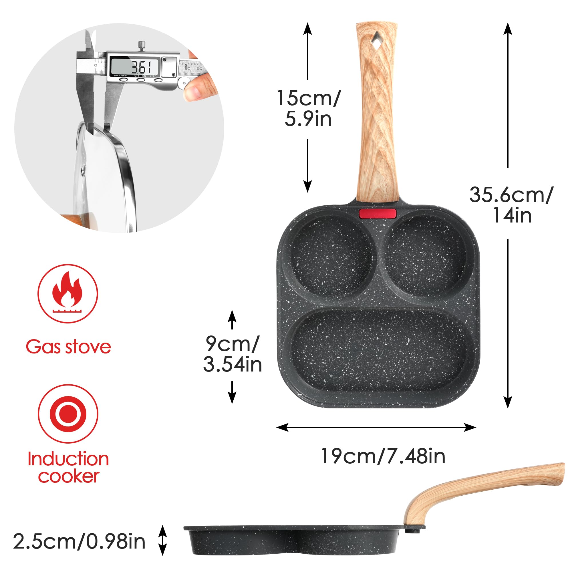 Non-Stick 3-Hole Aluminum Frying Pan with Lid - Multi-Functional Skillet for Pancakes, Omelets, Eggs, Hamburgers & Breakfast - Compatible with Gas & Induction Stoves - Includes Spatula, Brush & Clip - Perfect for Home Cooking, Camping & Quick Meals