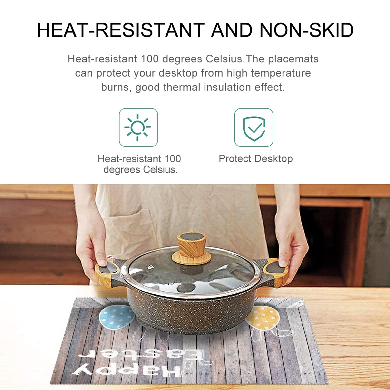 Easter Placemats Set of 4 - Non-Slip Wooden Easter Egg Design, Heat-Resistant & Washable Table Mats for Kitchen Dining - 12