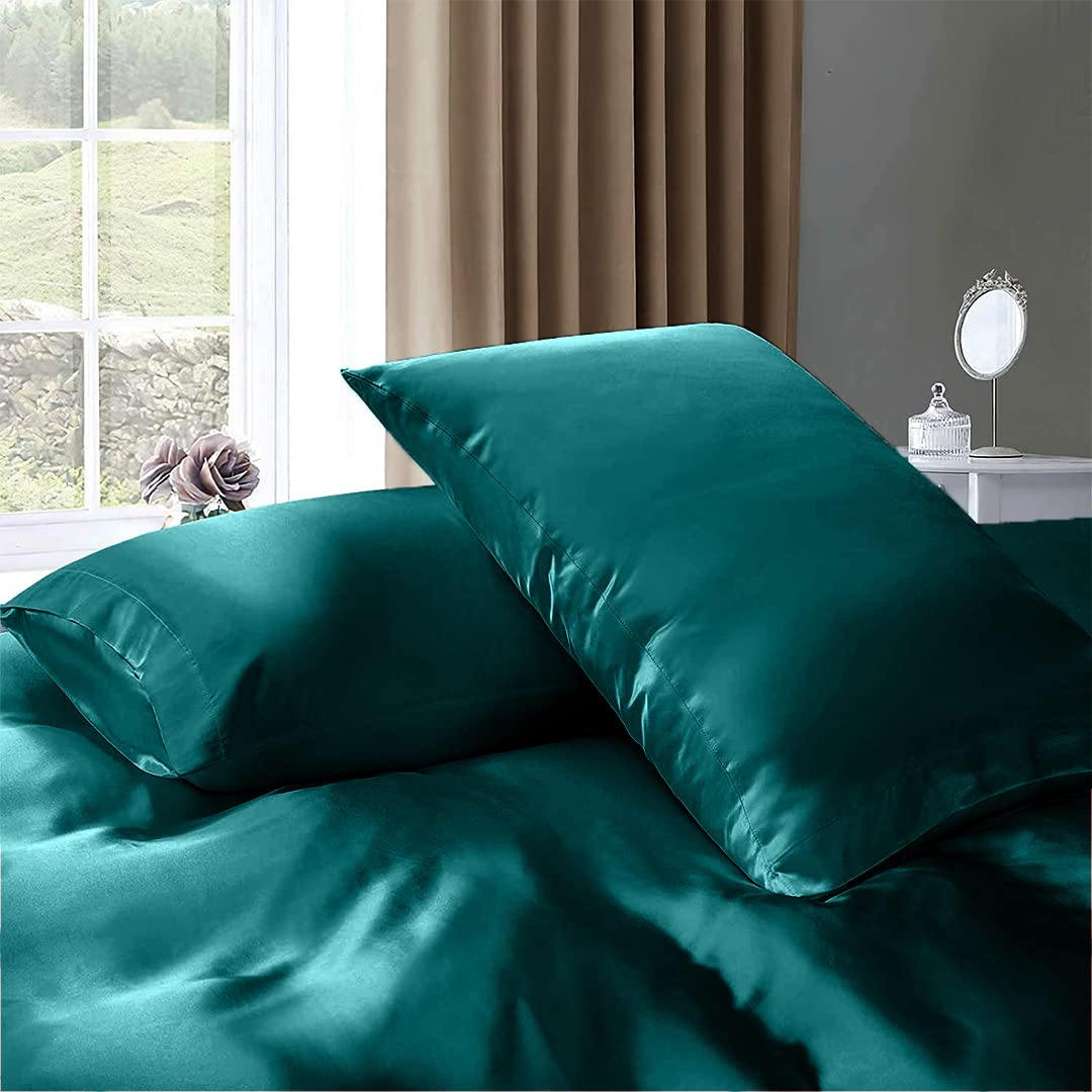 Luxury 7-Piece Silk Satin Bed Sheet Set - Full Size Cooling Breathable Wrinkle-Free Hotel Quality Bedding with Deep Pockets - Teal Duvet Cover & Pillowcases - Perfect for Hot Sleepers & Upscale Bedroom Decor