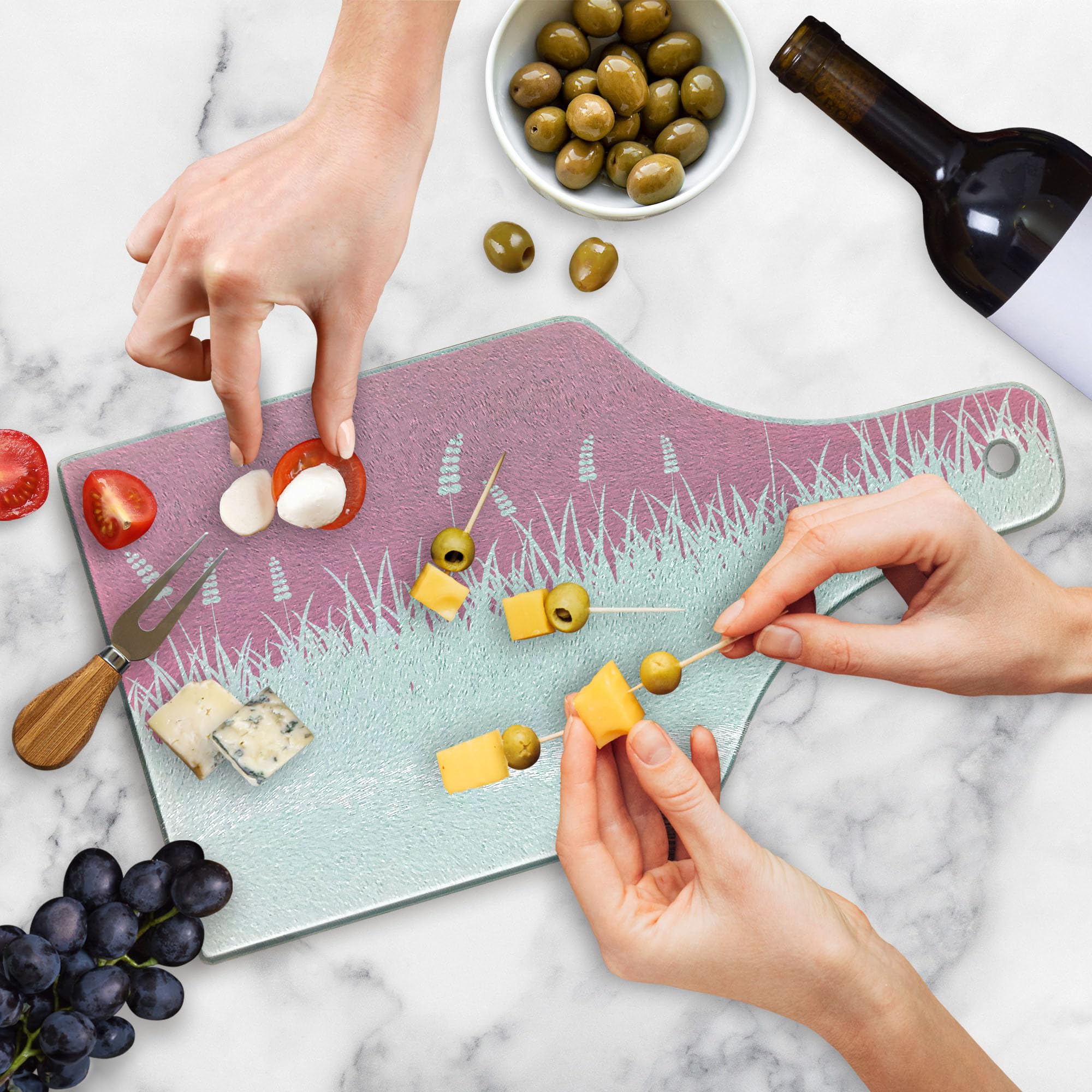 Ambesonne Pink Tempered Glass Cutting Board - Farm Life Inspired Art Print with Bushes & Wheat - Decorative Serving Board in Wine Bottle Shape (Hot Pink & White) - Perfect for Kitchen Prep, Charcuterie Displays & Wine Pairings