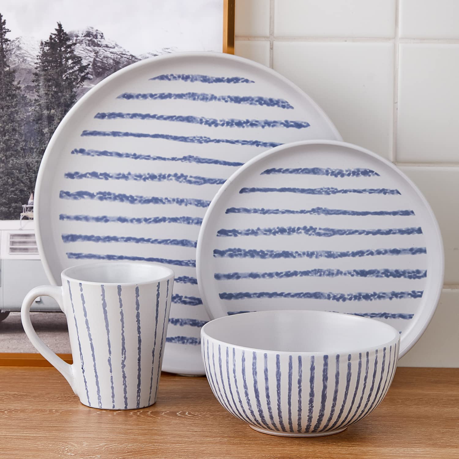 Premium Stone Lain Nova Stoneware 16-Piece Dinnerware Set - Round Blue Plates & Bowls for 4, Durable Ceramic Tableware for Everyday Dining, Dinner Parties & Restaurant Use