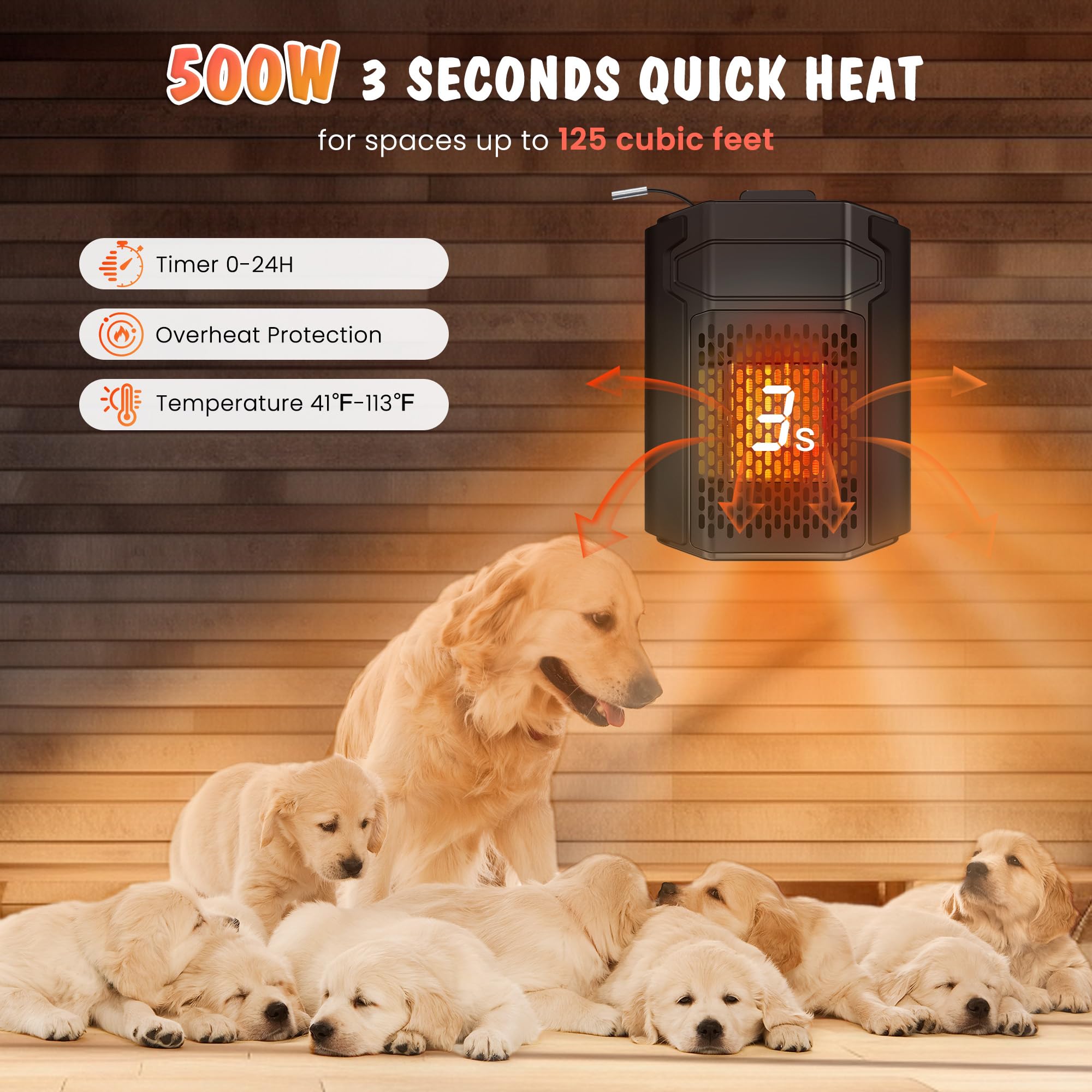 500W WiFi Dog House Heater with Thermostat & APP Control - Outdoor Pet Heater with 6.5FT Temperature Probe, Adjustable Temperature & Timer - Perfect for Winter Kennels, Garages, and Outdoor Dog Houses
