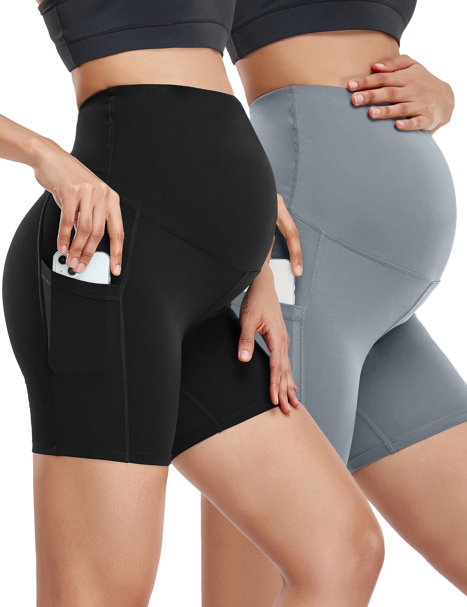HOFISH Maternity Shorts for Women - Over The Belly Pregnancy Bike Shorts, Workout Active Running Short Pants with Pockets - Perfect for Yoga, Gym, and Everyday Comfort During Pregnancy