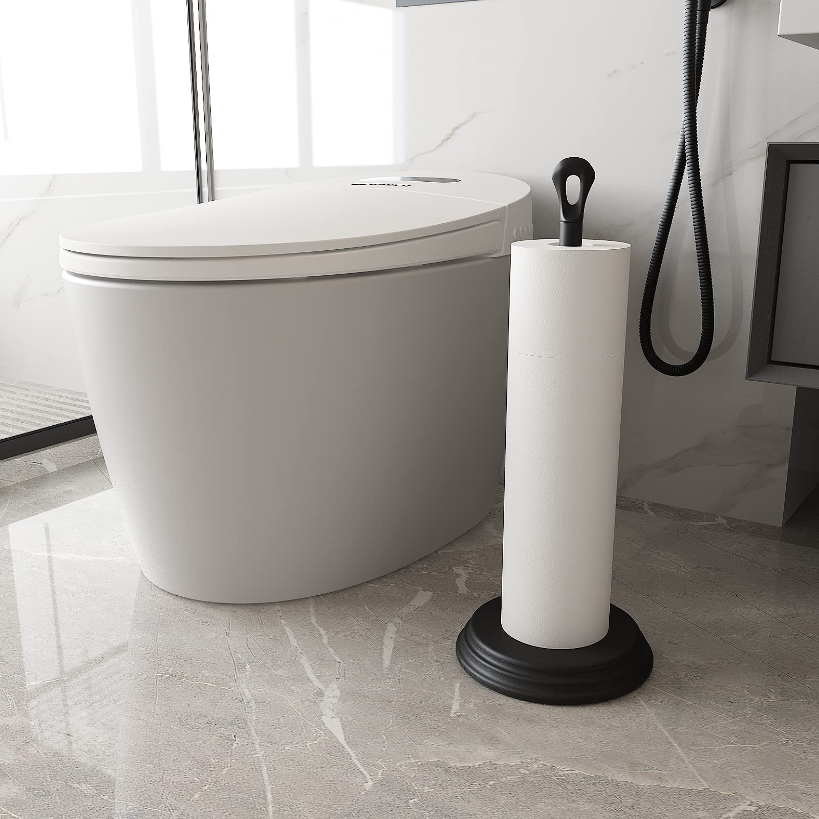 Rustproof Free Standing Toilet Paper Holder - Metal Bathroom Tissue Roll Stand Storage Organizer for Home, Office & RV - Black Bathroom Accessory for Modern & Compact Spaces